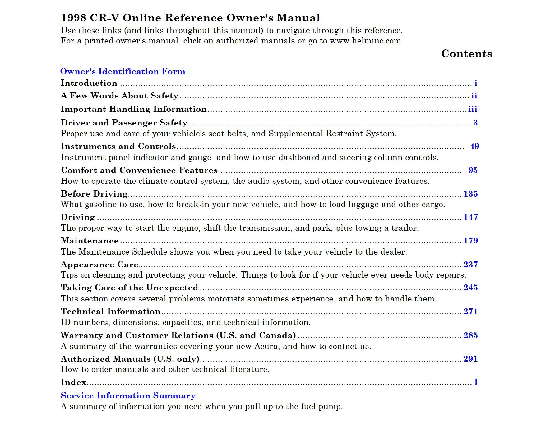 1998 honda cr v owner's manual