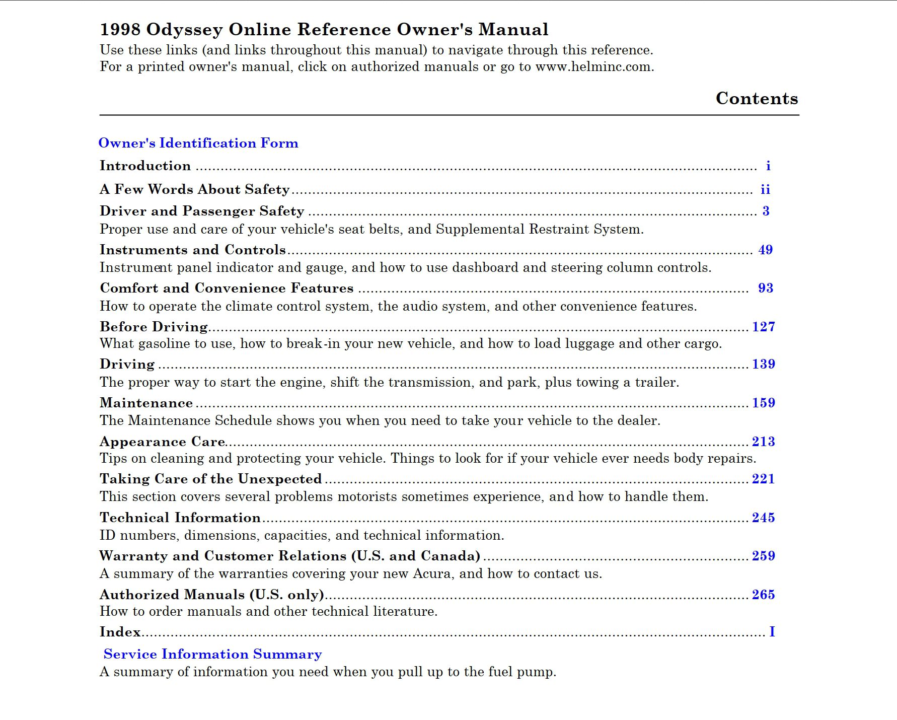 1998 honda odyssey owner's manual