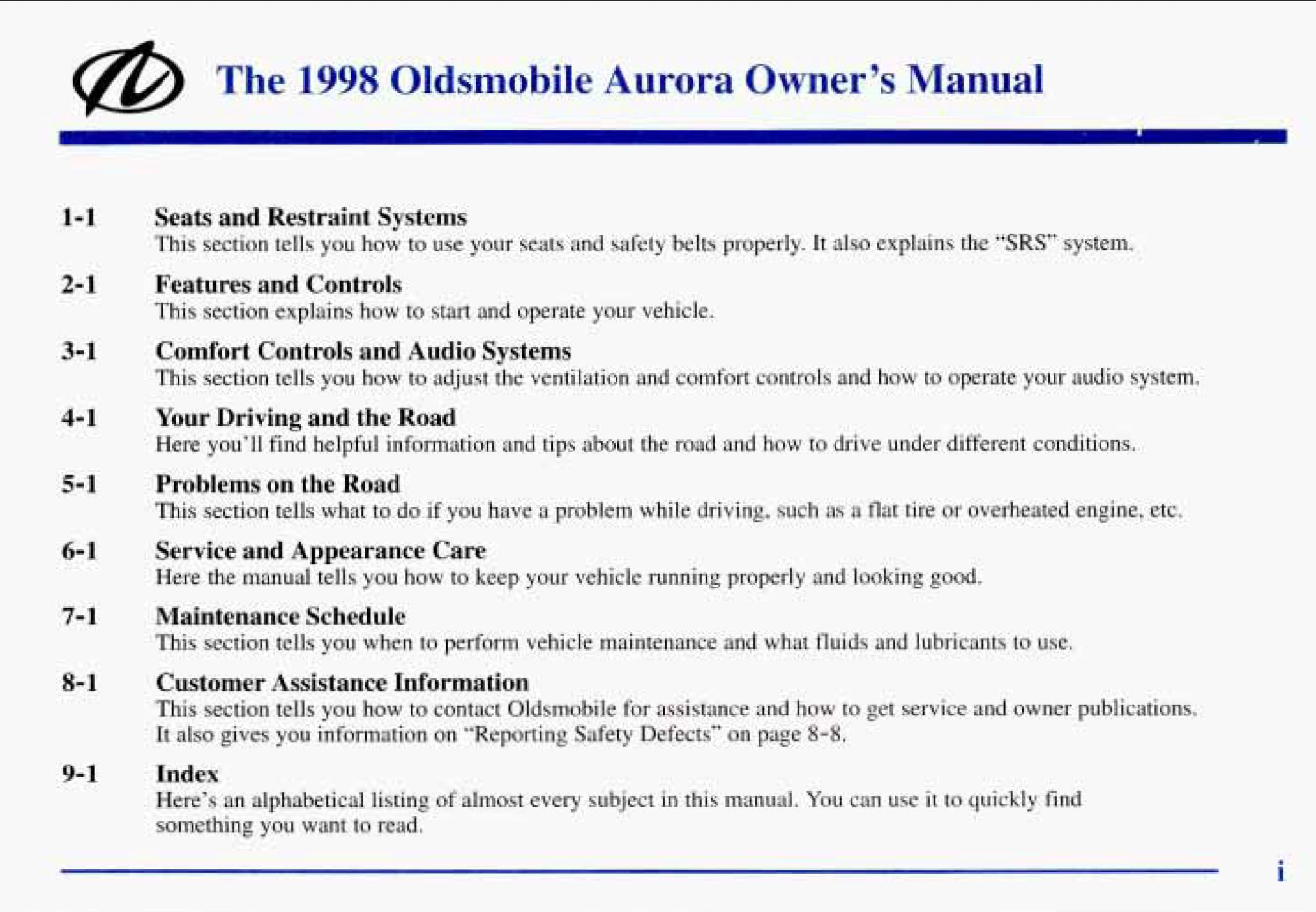 1998 oldsmobile aurora owner's manual