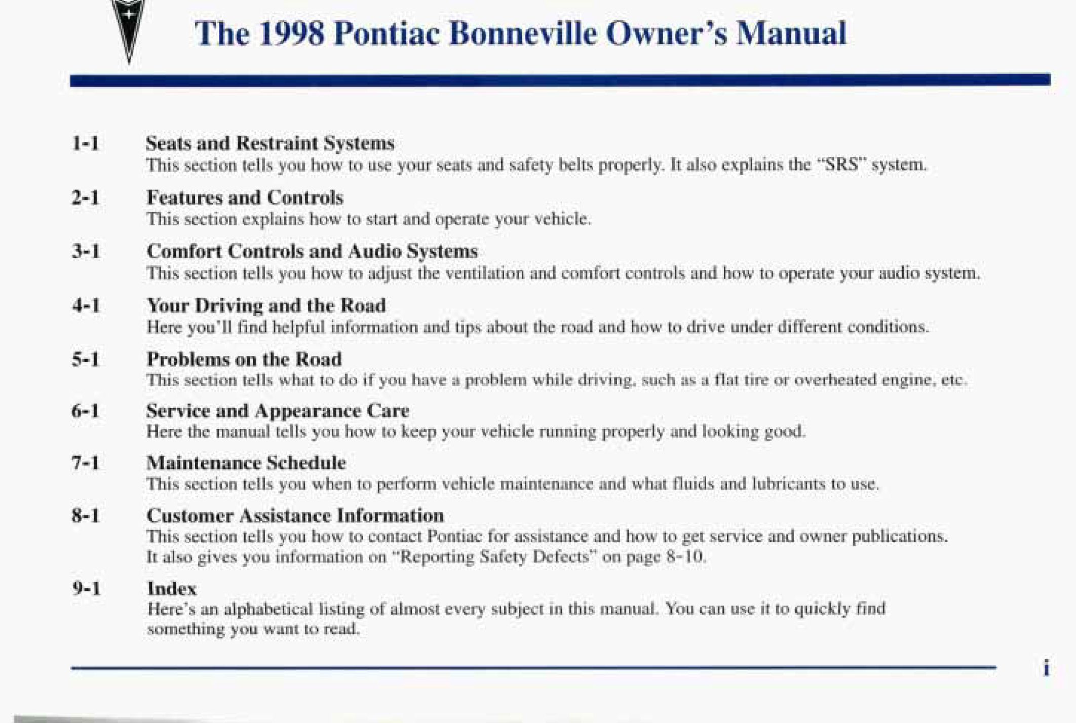 1998 pontiac bonneville owner's manual