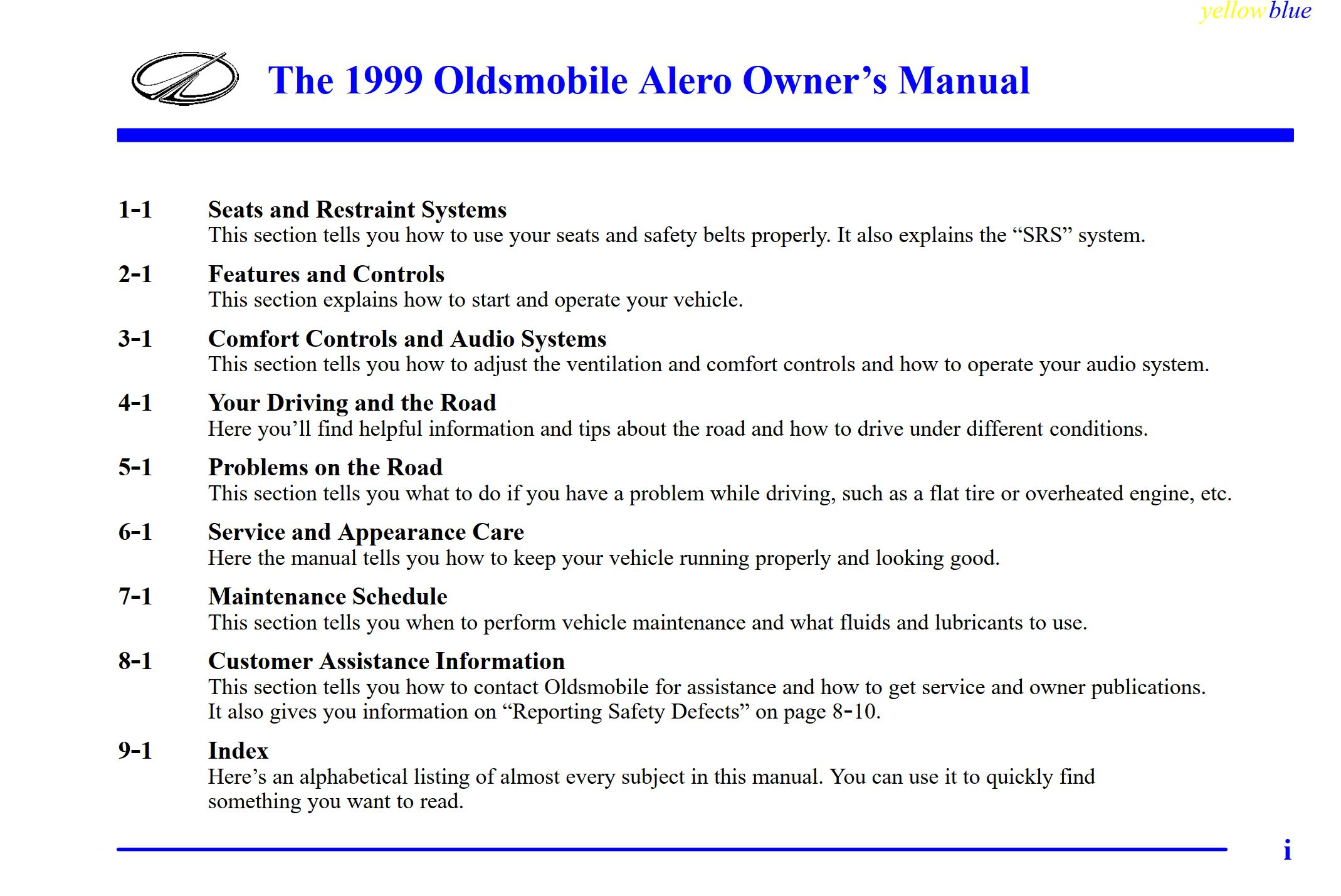 1999 oldsmobile alero owner's manual