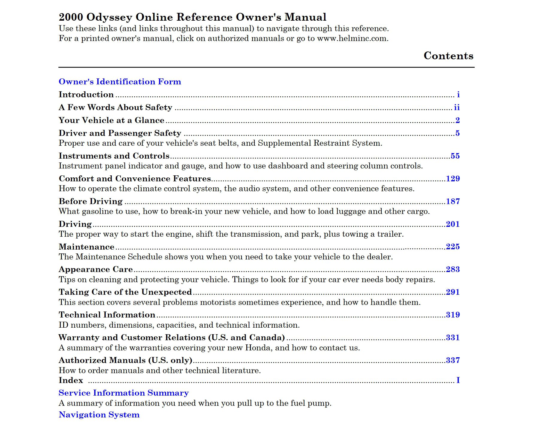 2000 honda odyssey owner's manual