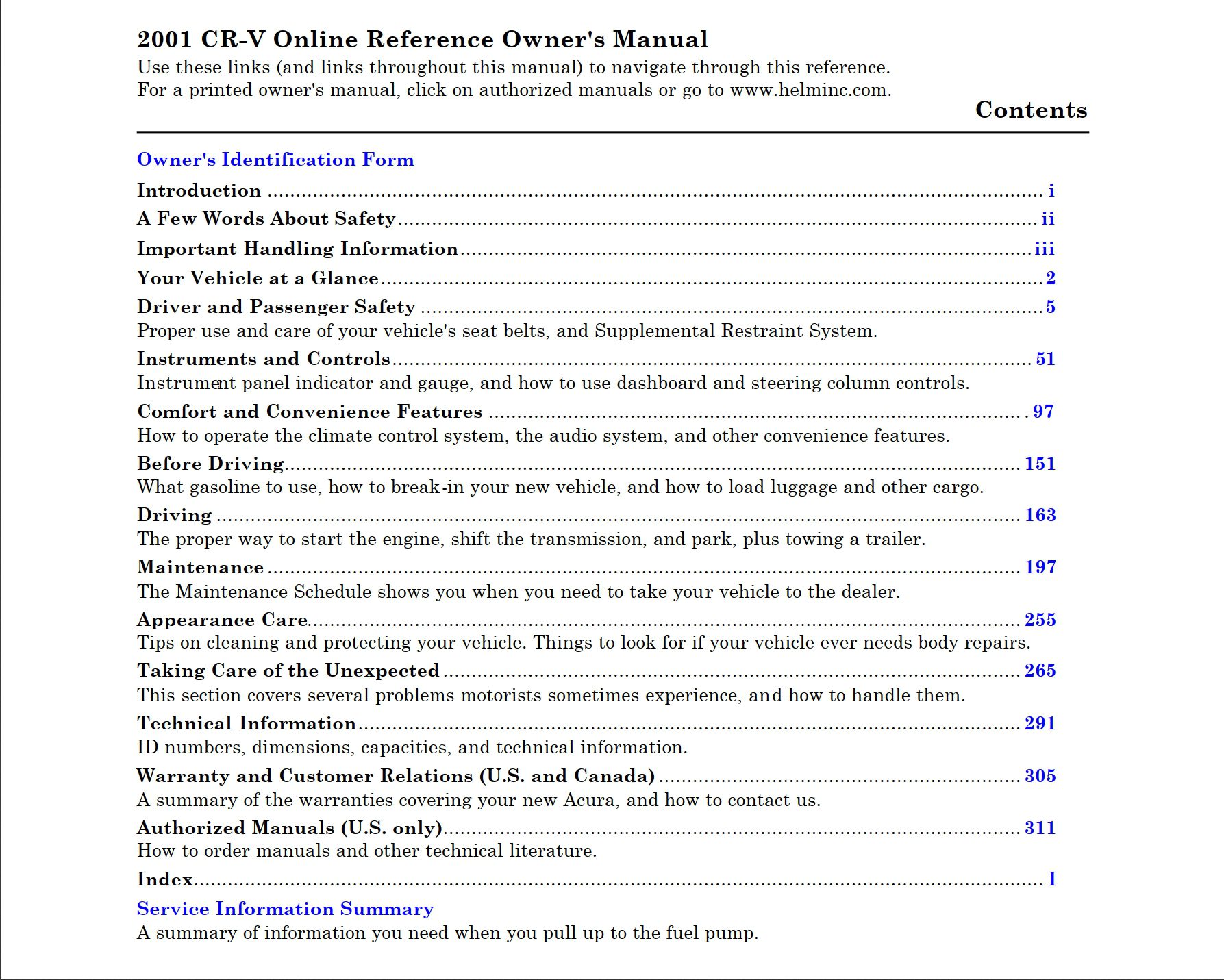 2001 honda cr v owner's manual