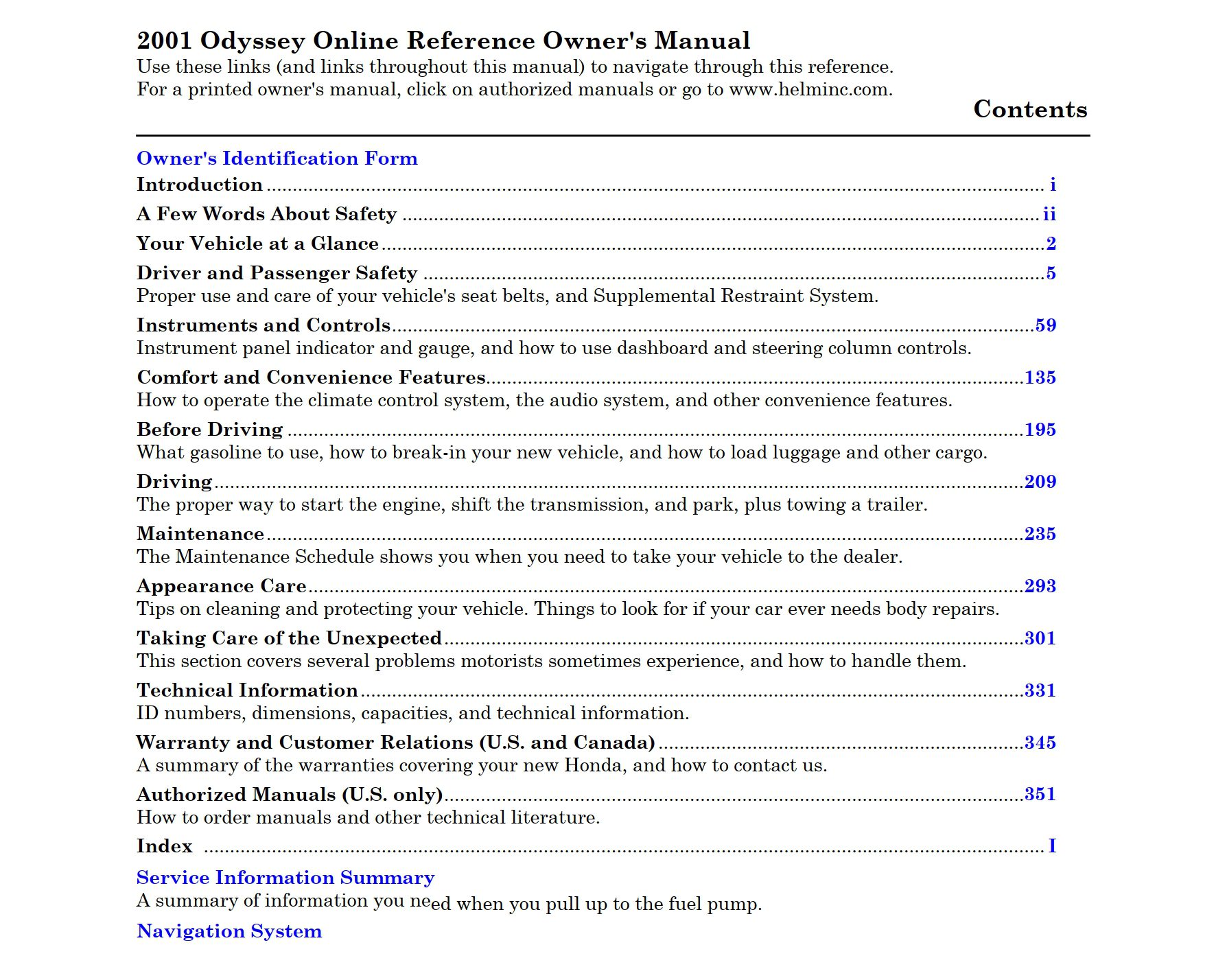 2001 honda odyssey owner's manual