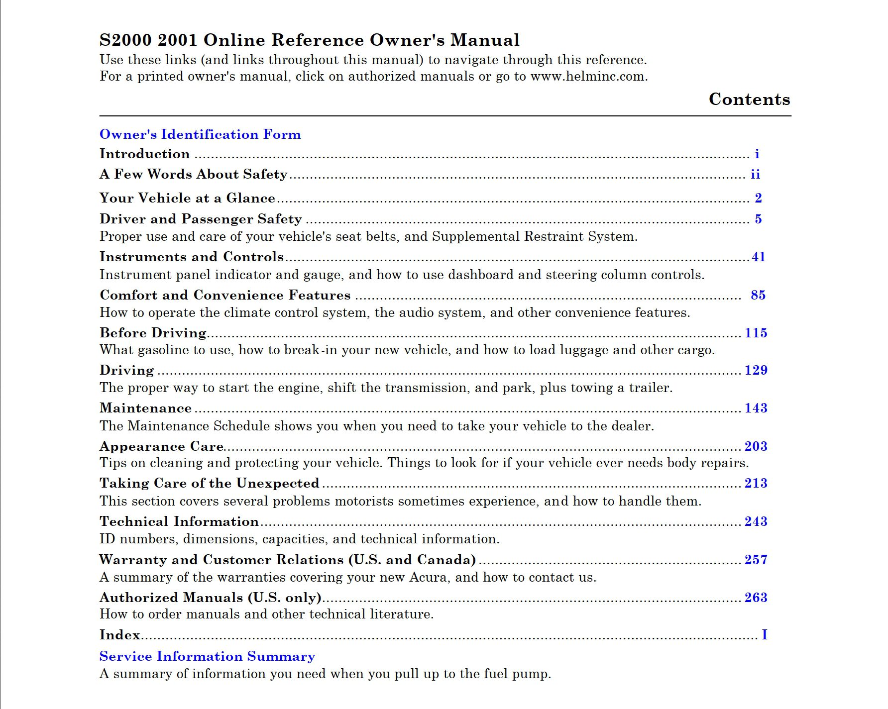 2001 honda s2000 owner's manual