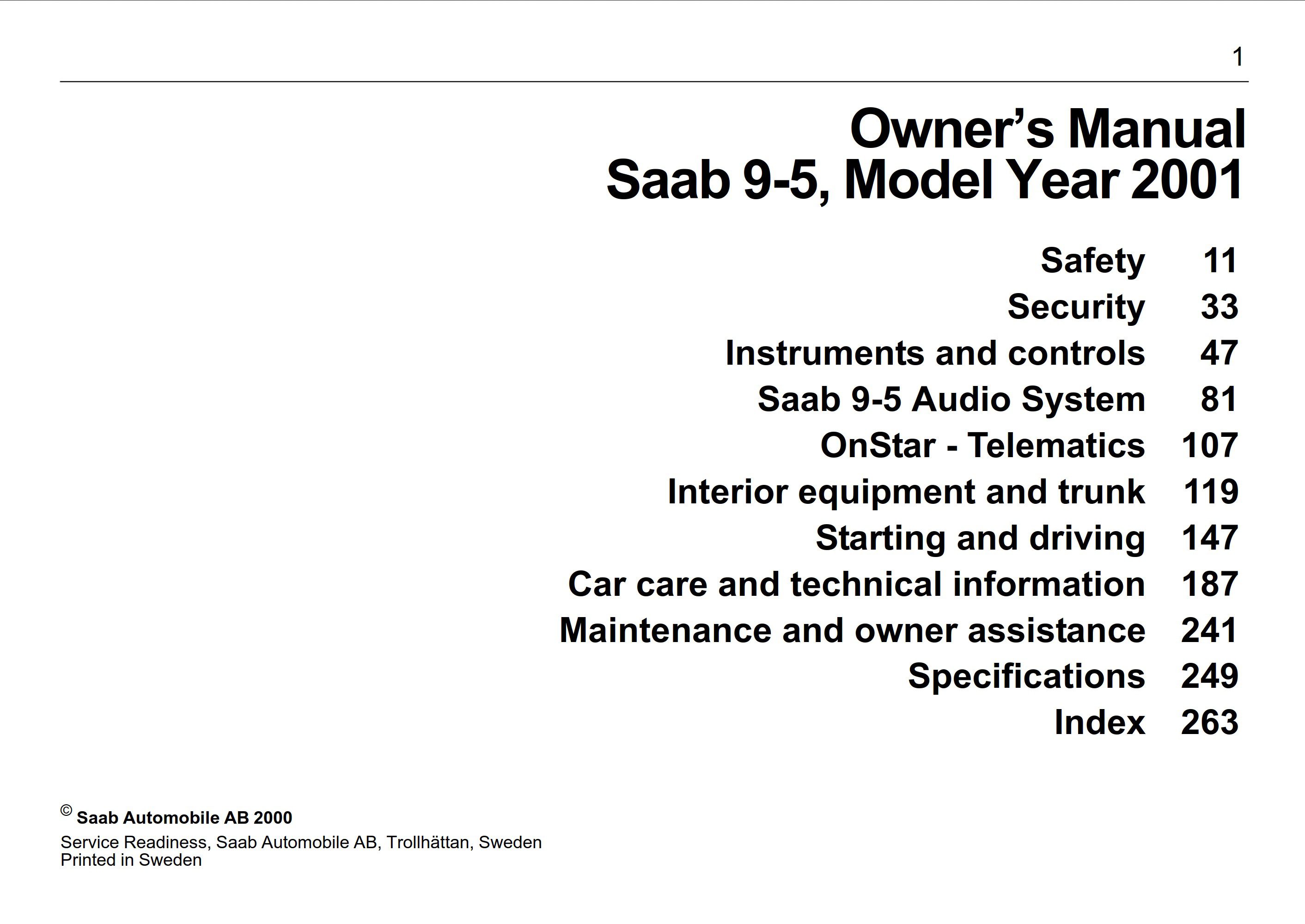 2001 saab 9 5 owner's manual