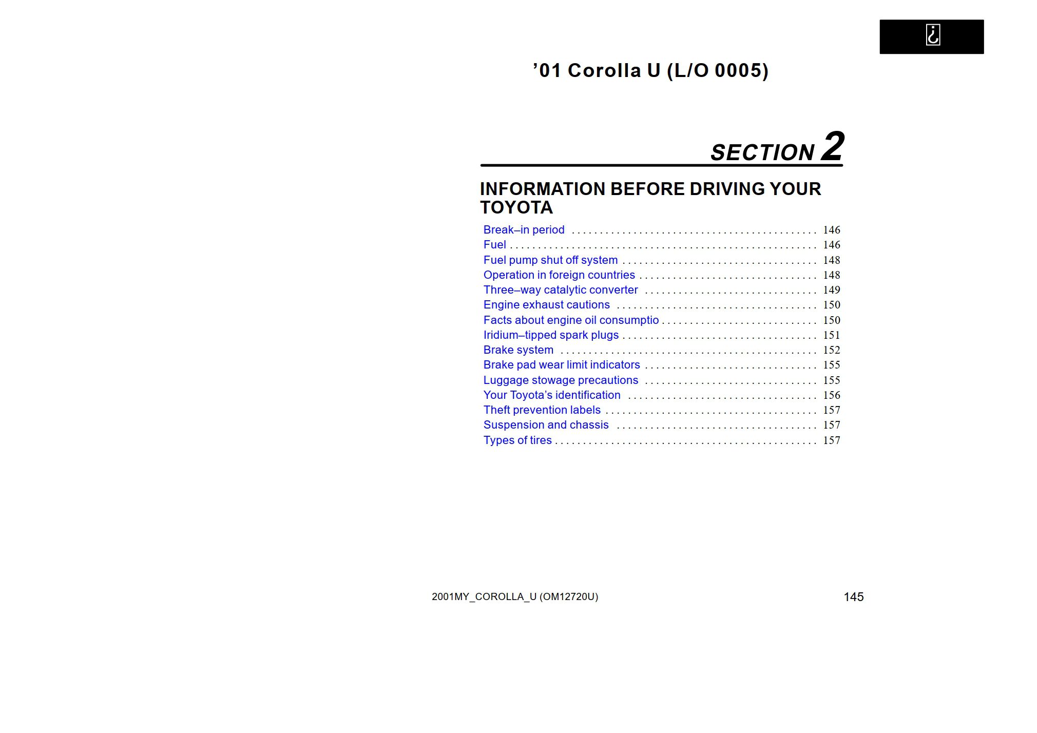 2001 toyota corolla owner's manual