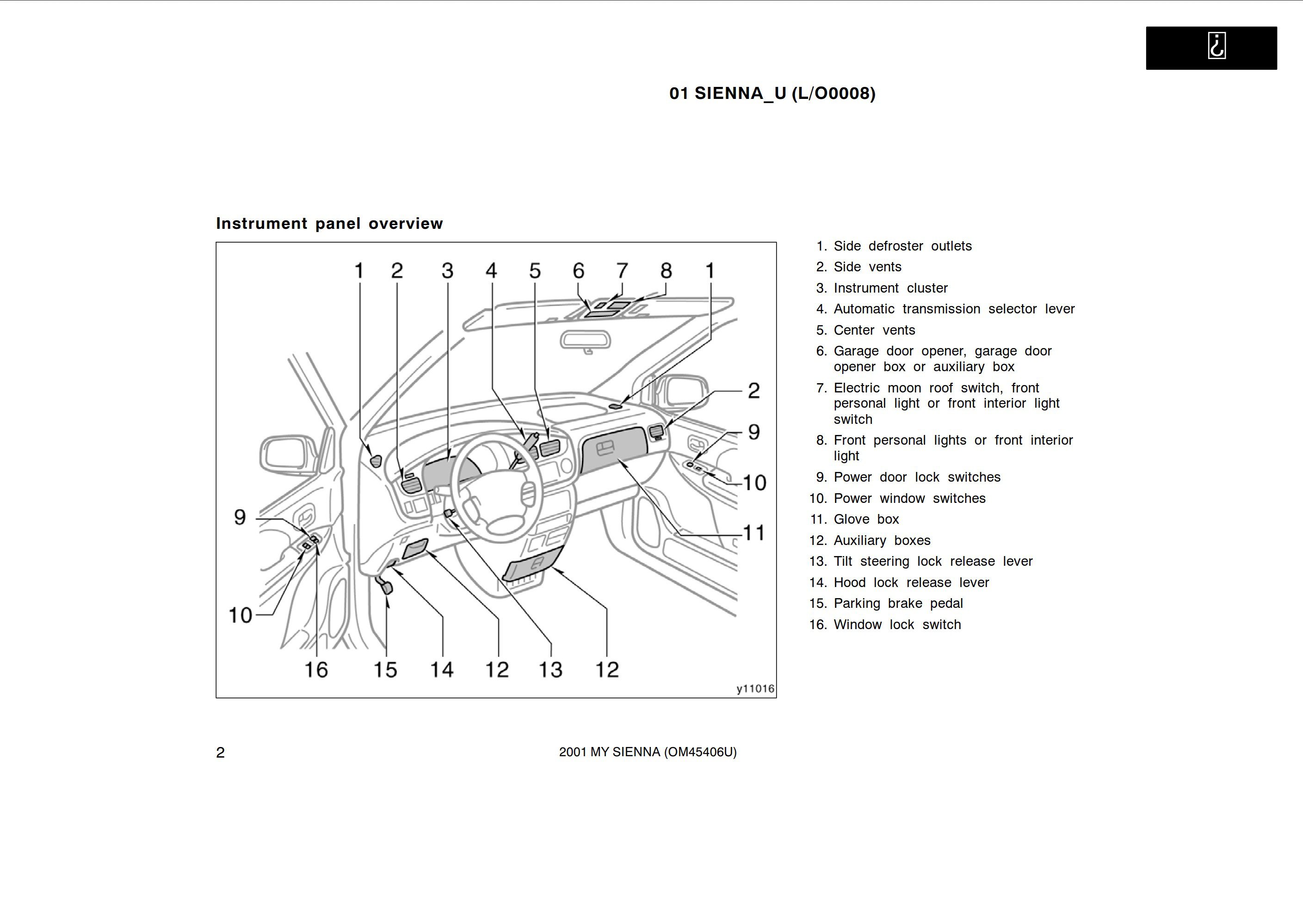 2001 toyota sienna owner's manual