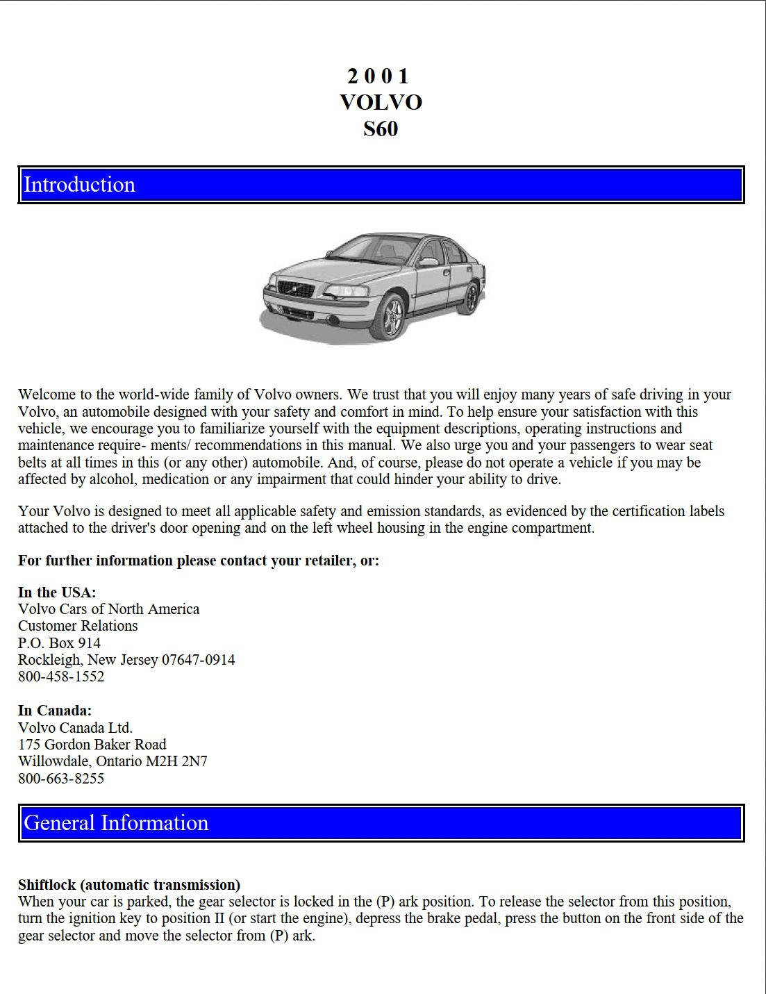 2001 volvo s60 owner's manual