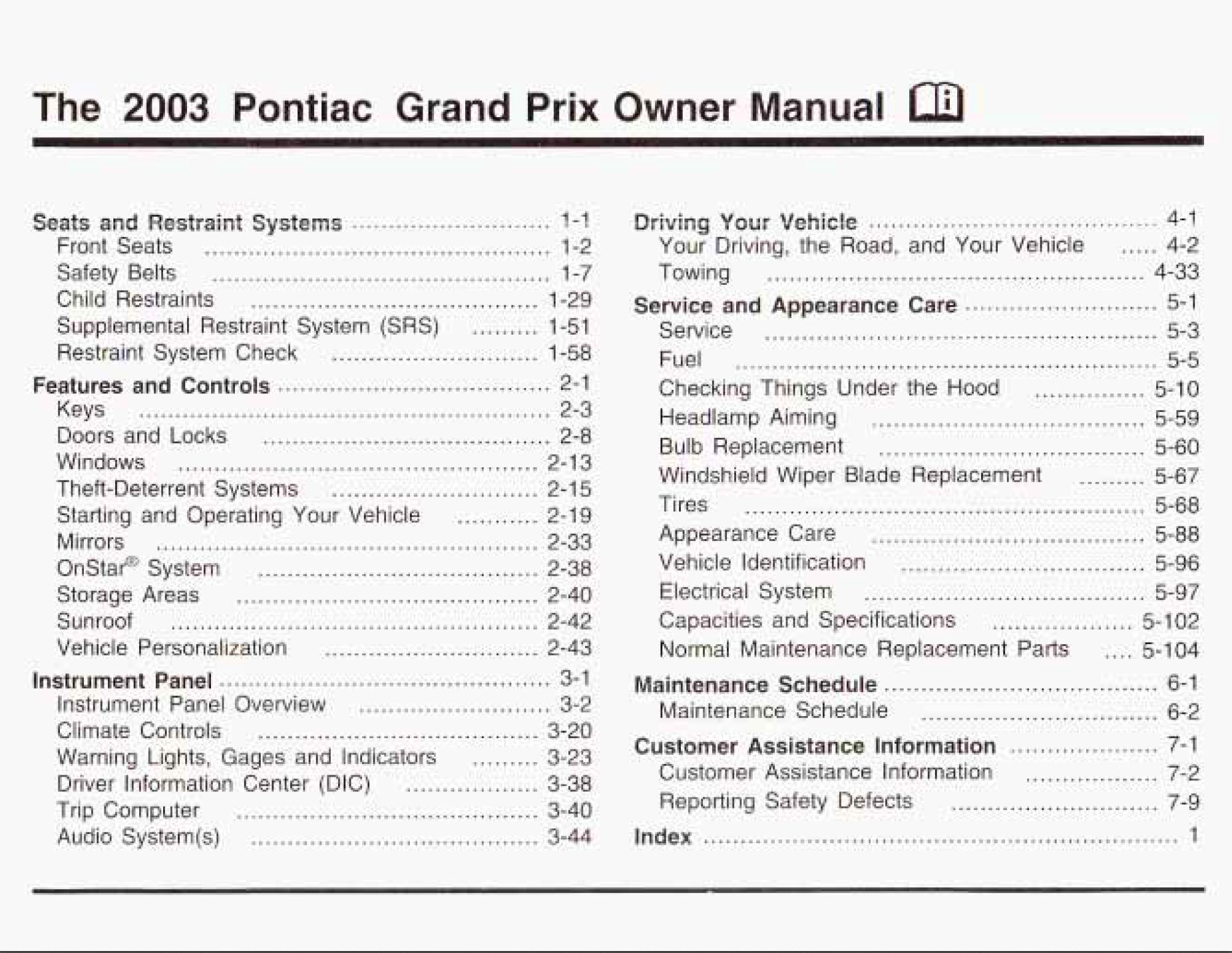 2003 pontiac grand prix owner's manual