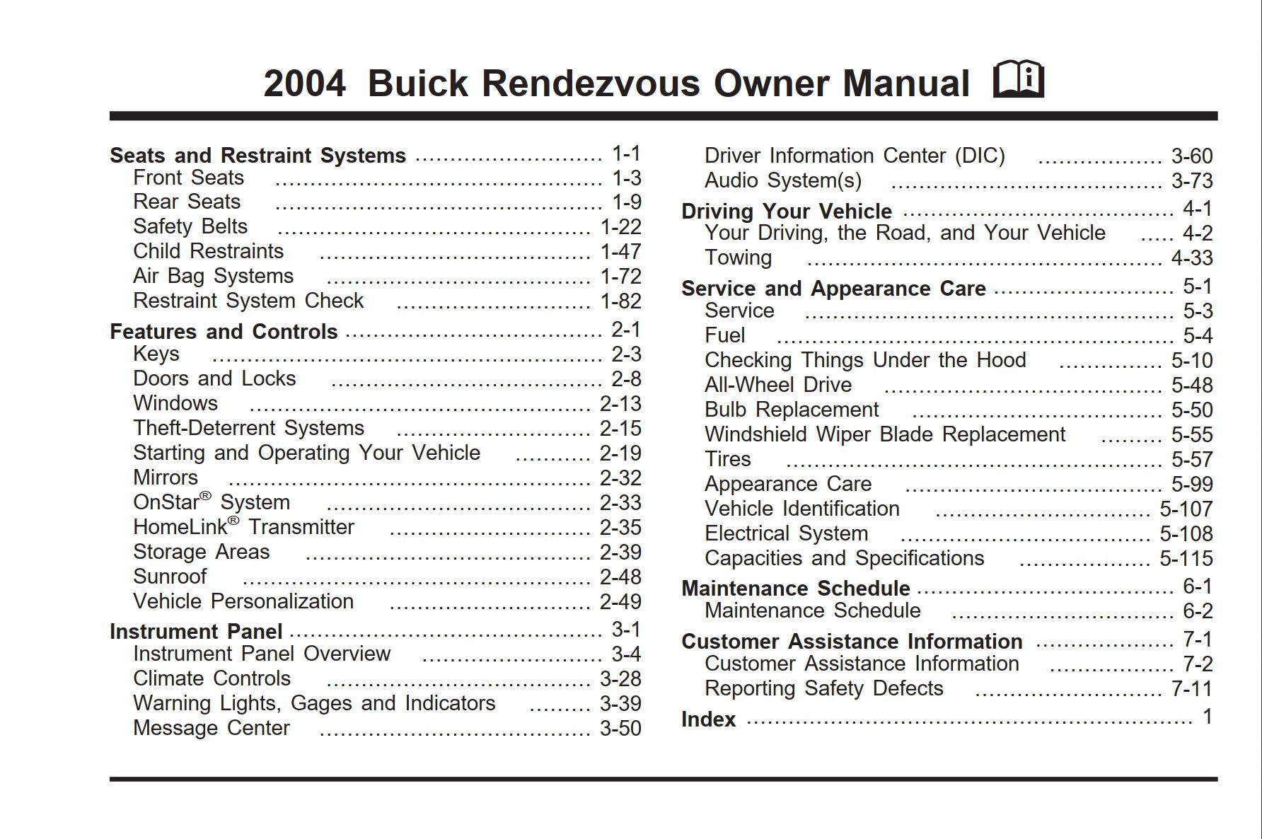 2004 buick rendezvous owner's manual