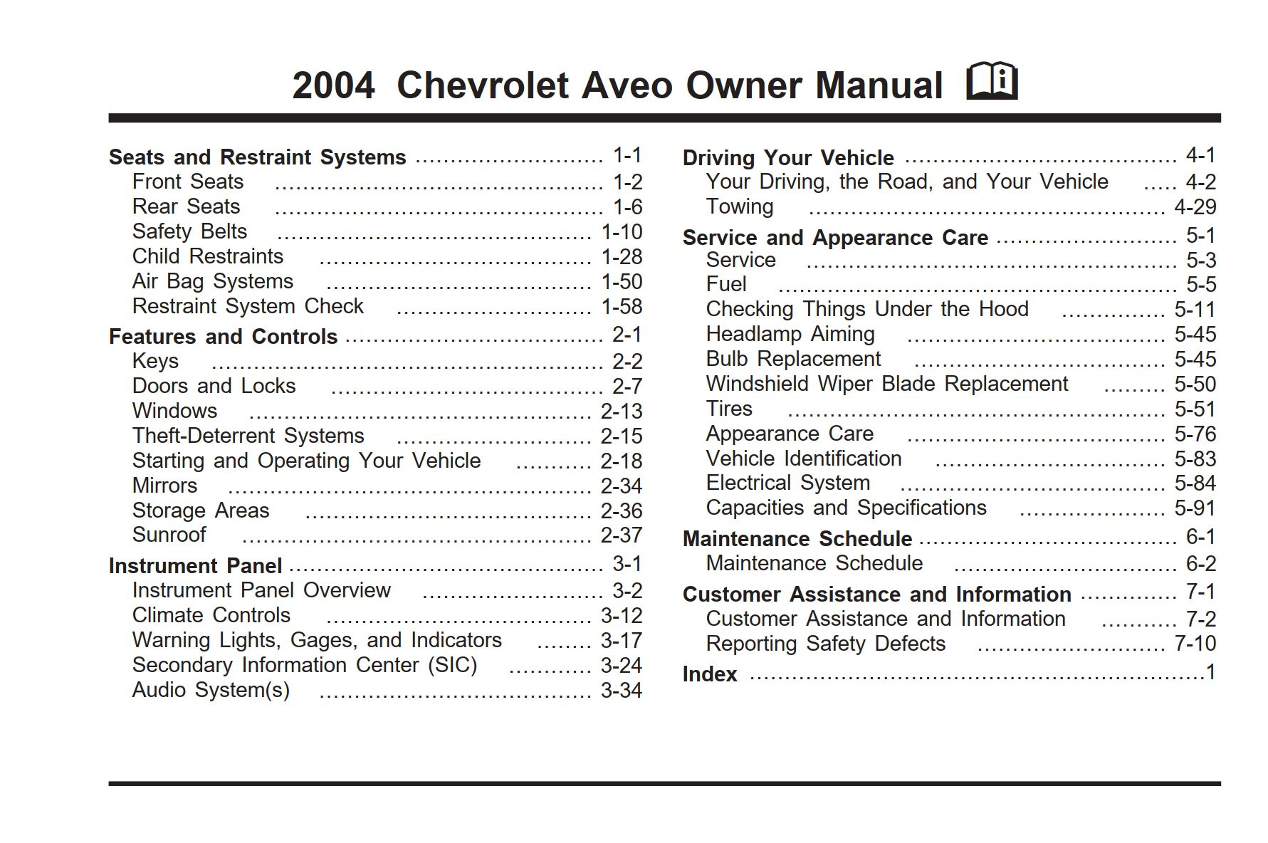 2004 chevrolet aveo owner's manual