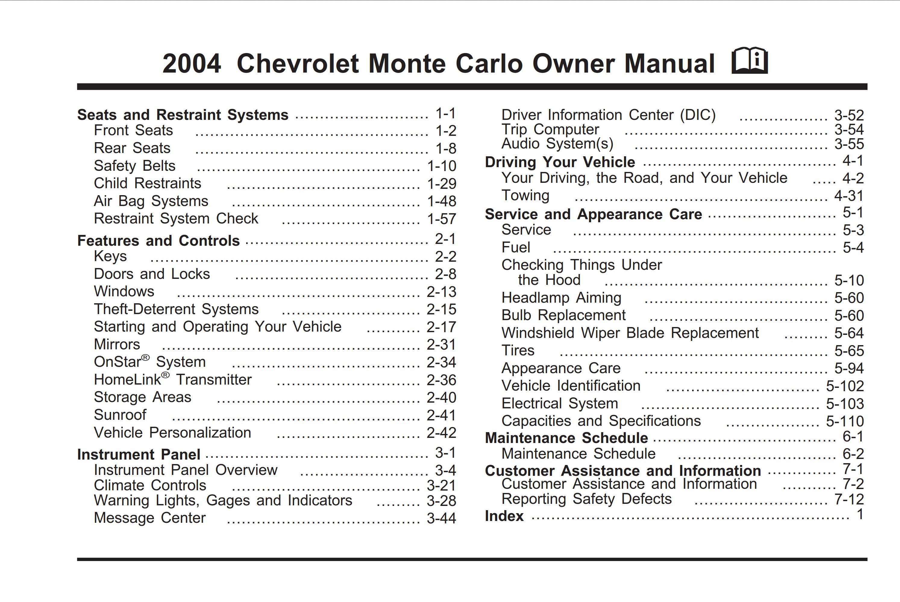 2004 chevrolet monte carlo owner's manual