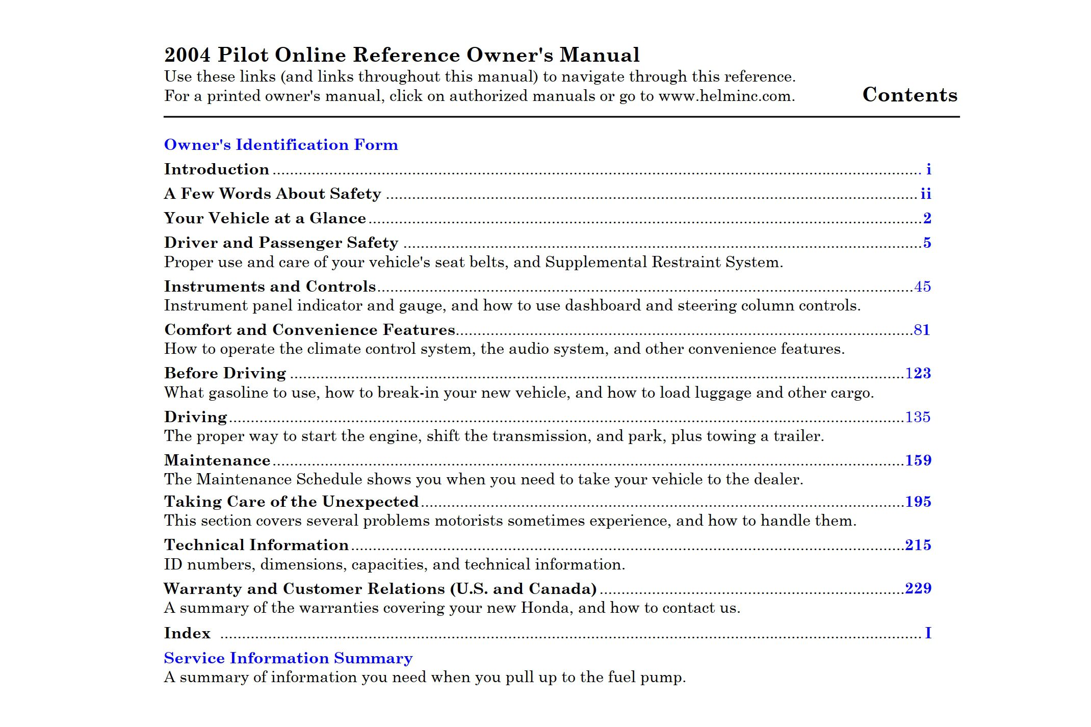 2004 honda pilot owner's manual