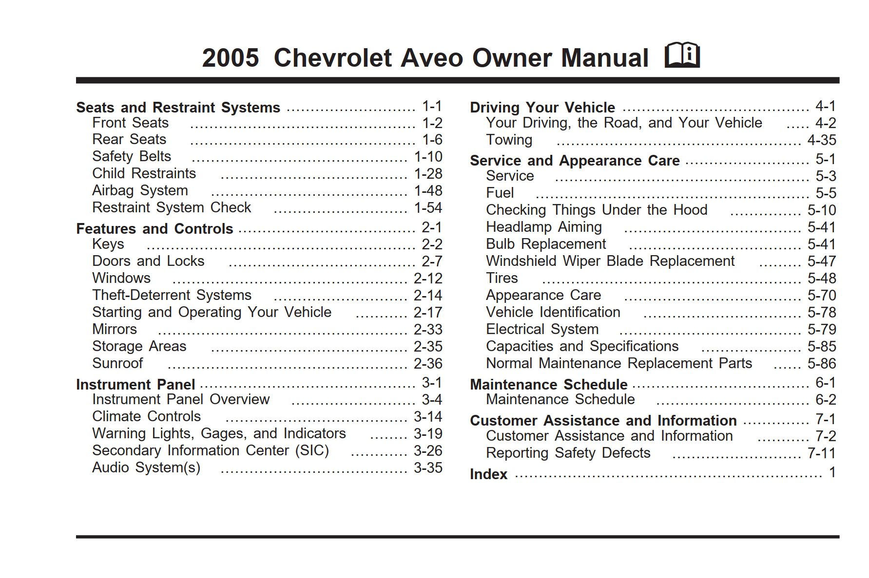 2005 chevrolet aveo owner's manual