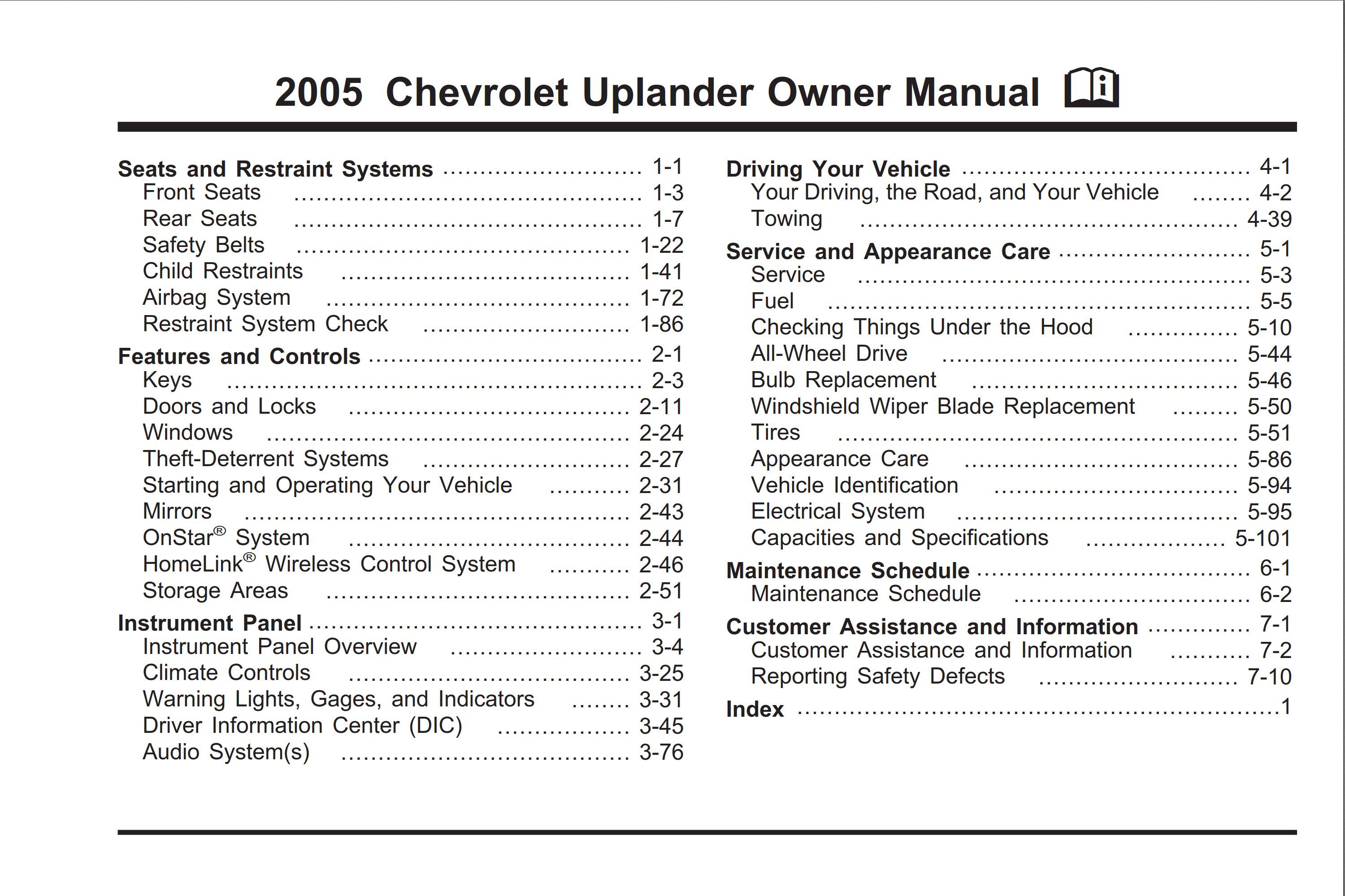 2005 chevrolet uplander owner's manual