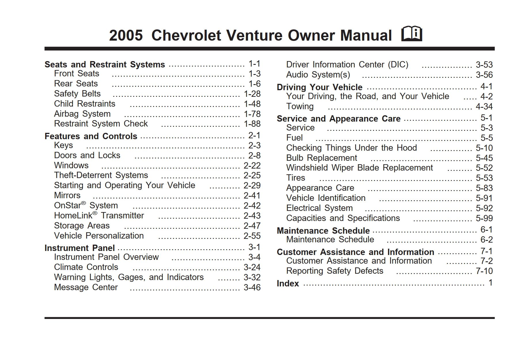 2005 chevrolet venture owner's manual