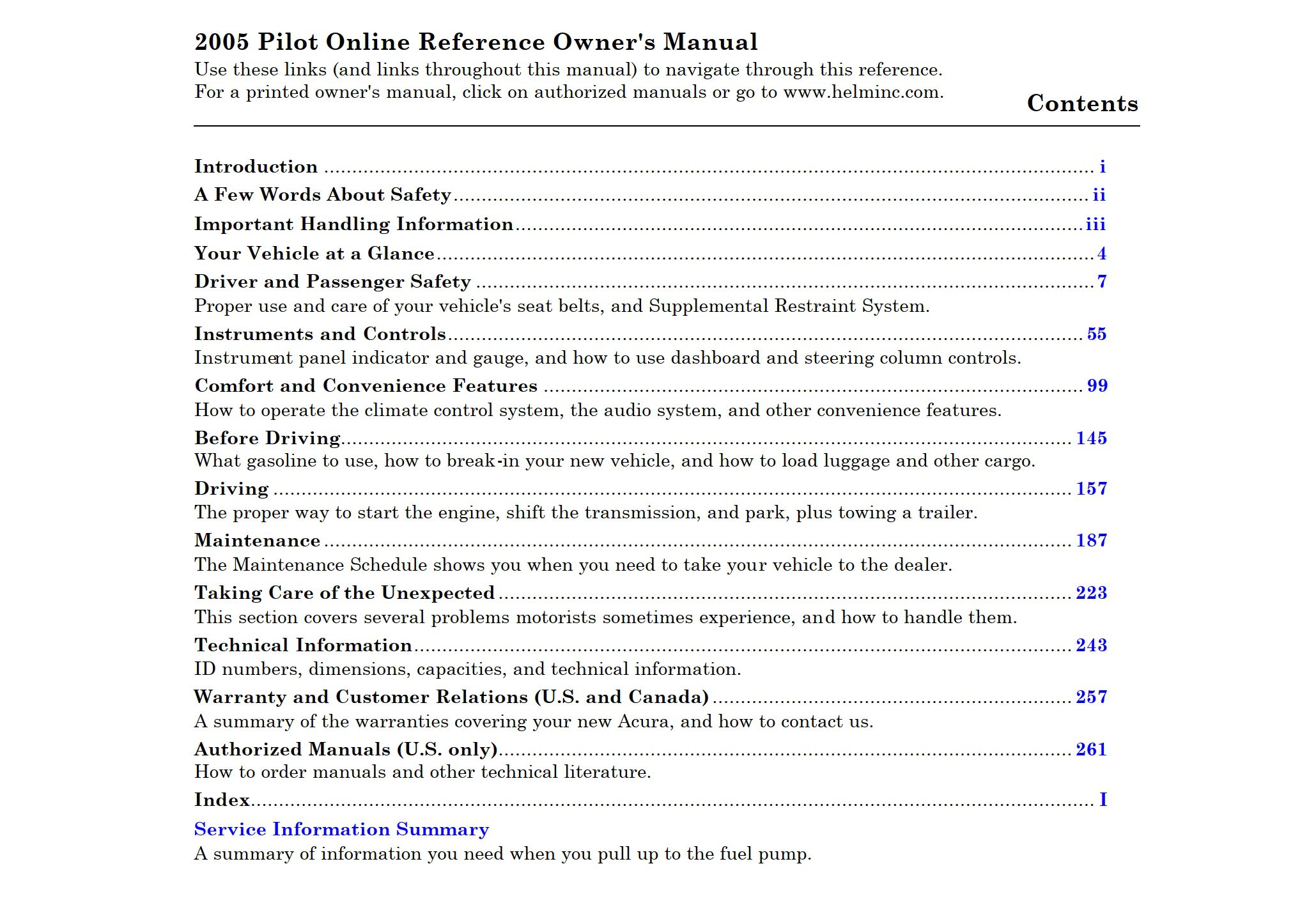 2005 honda pilot owner's manual