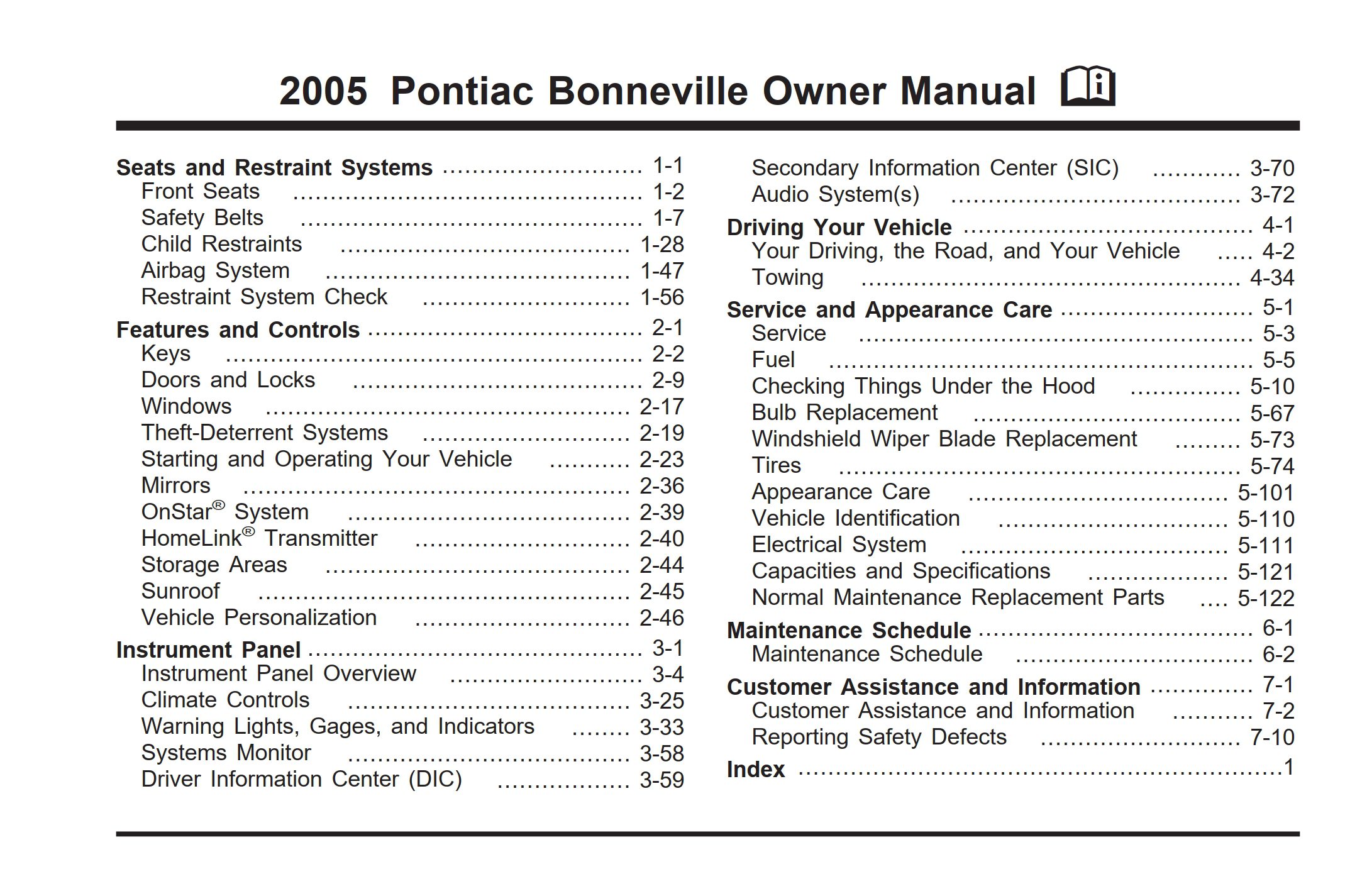 2005 pontiac bonneville owner's manual