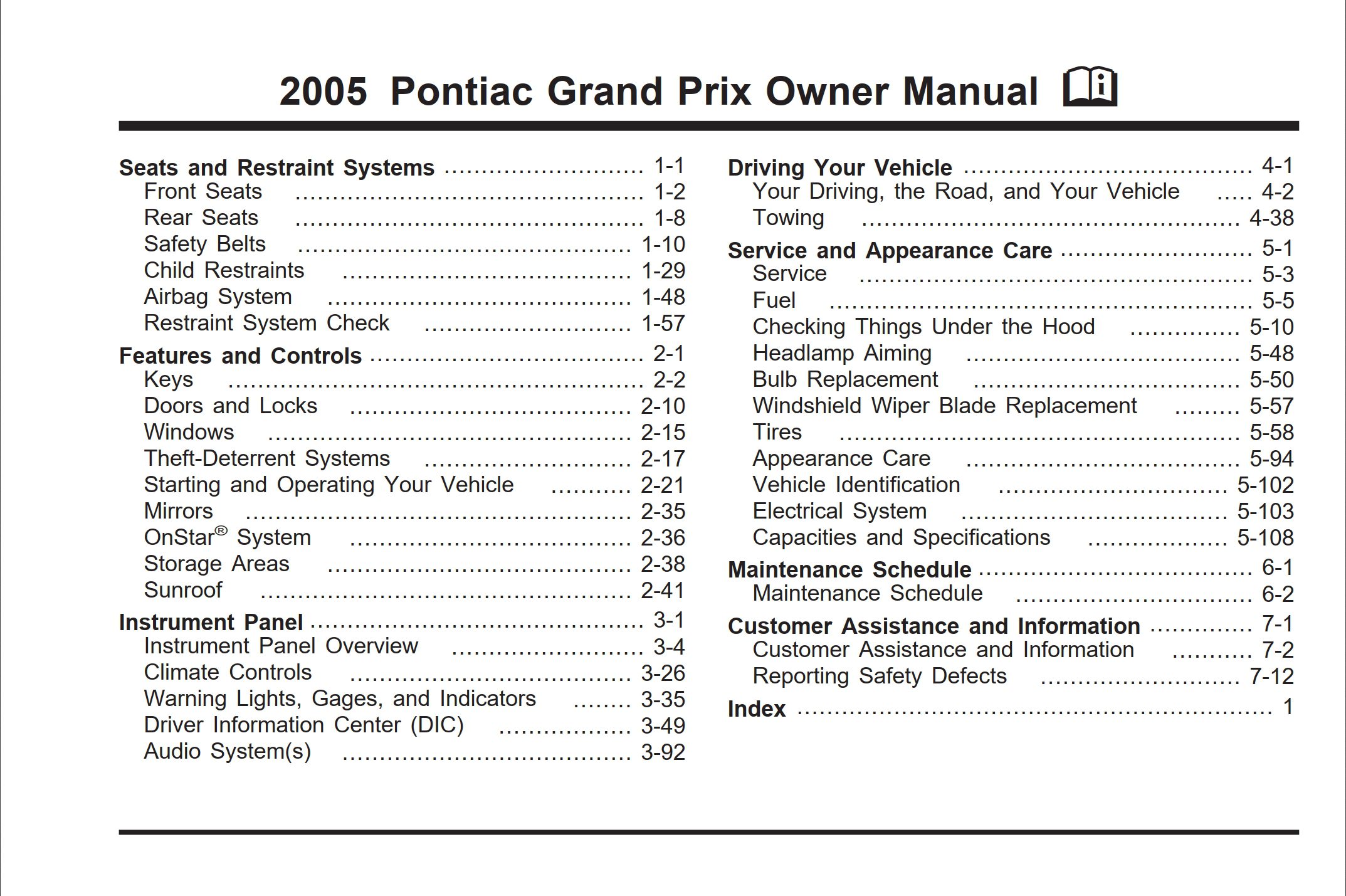 2005 pontiac grand prix owner's manual