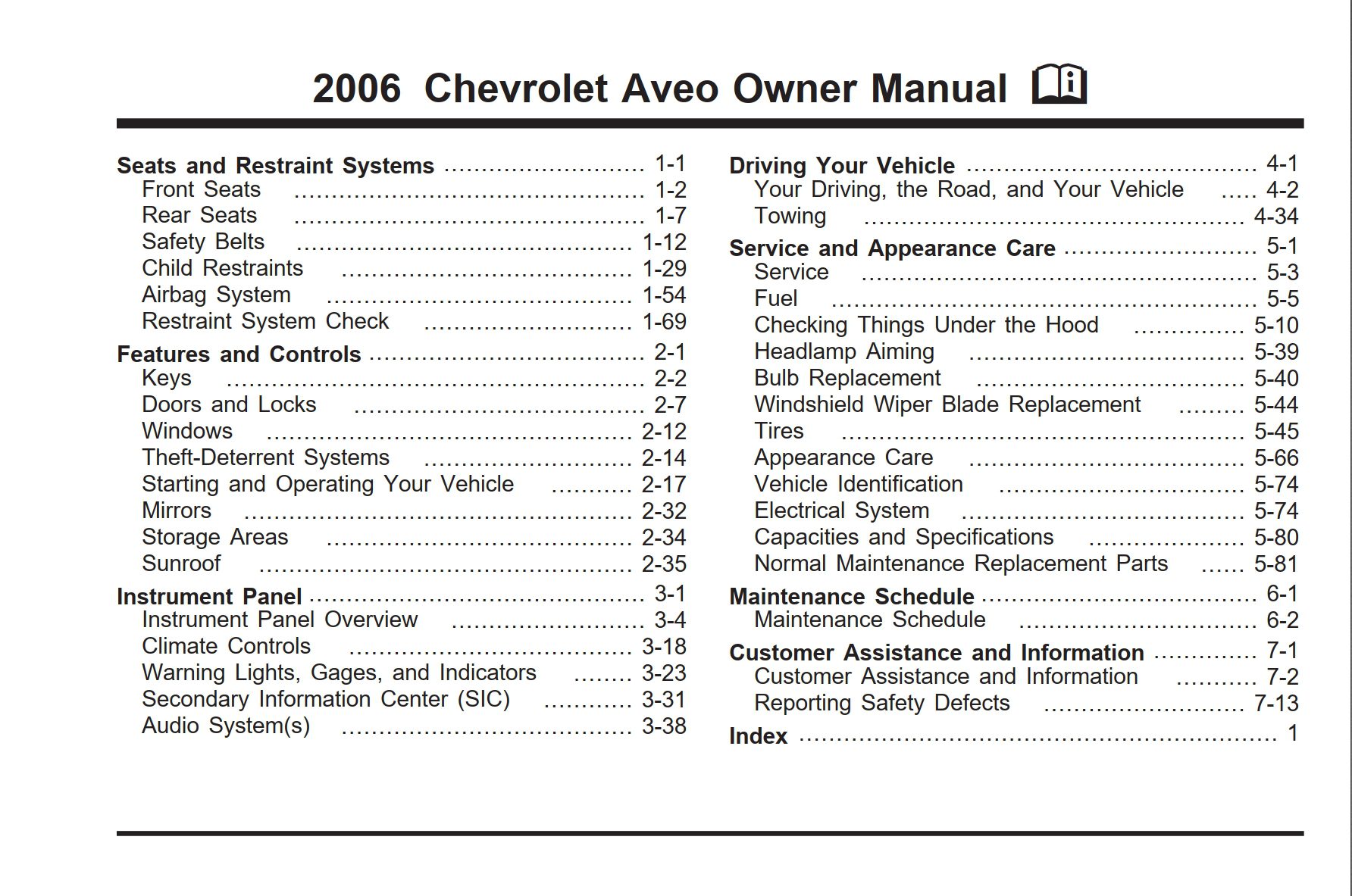 2006 chevrolet aveo owner's manual