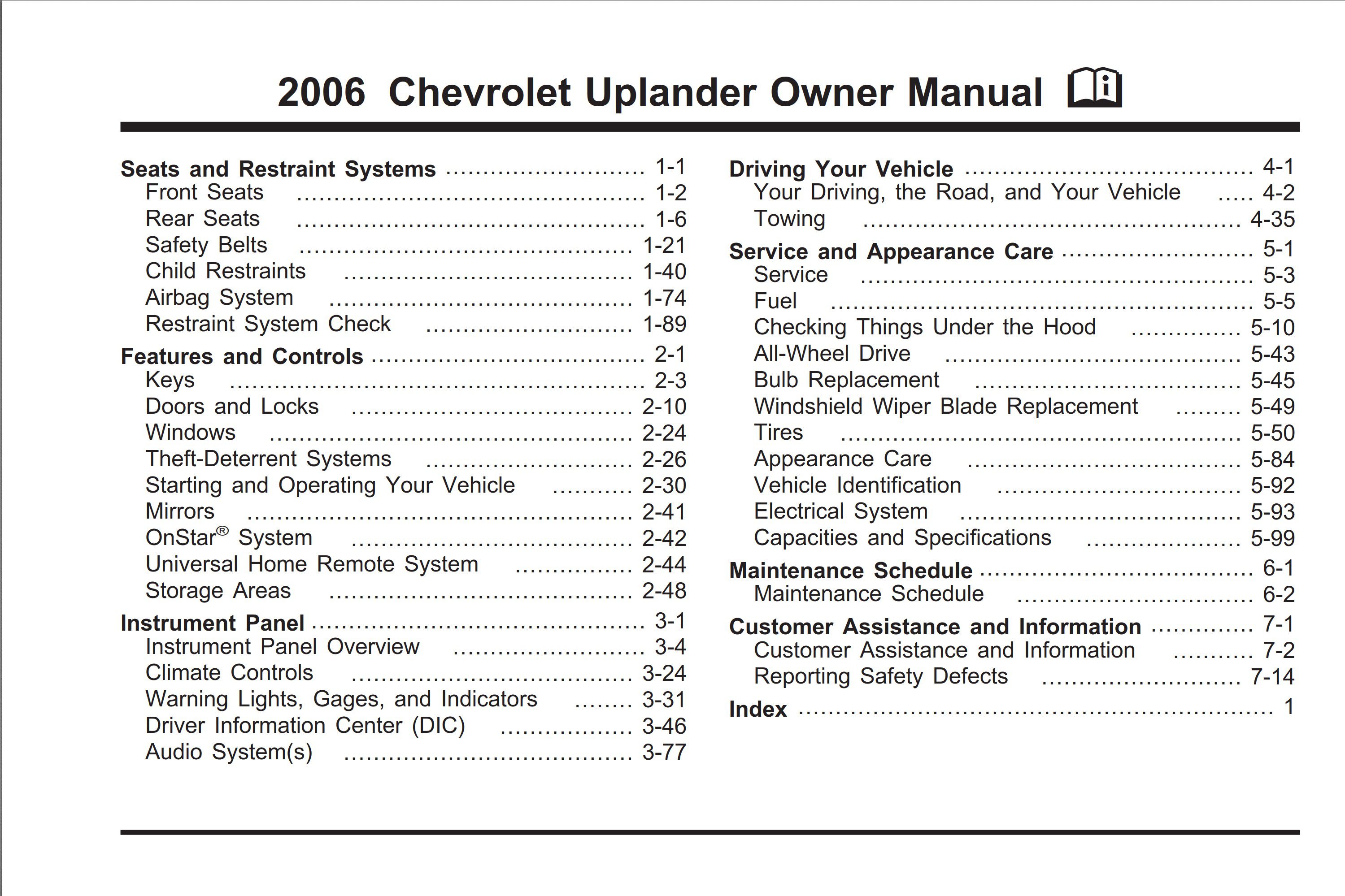 2006 chevrolet uplander owner's manual