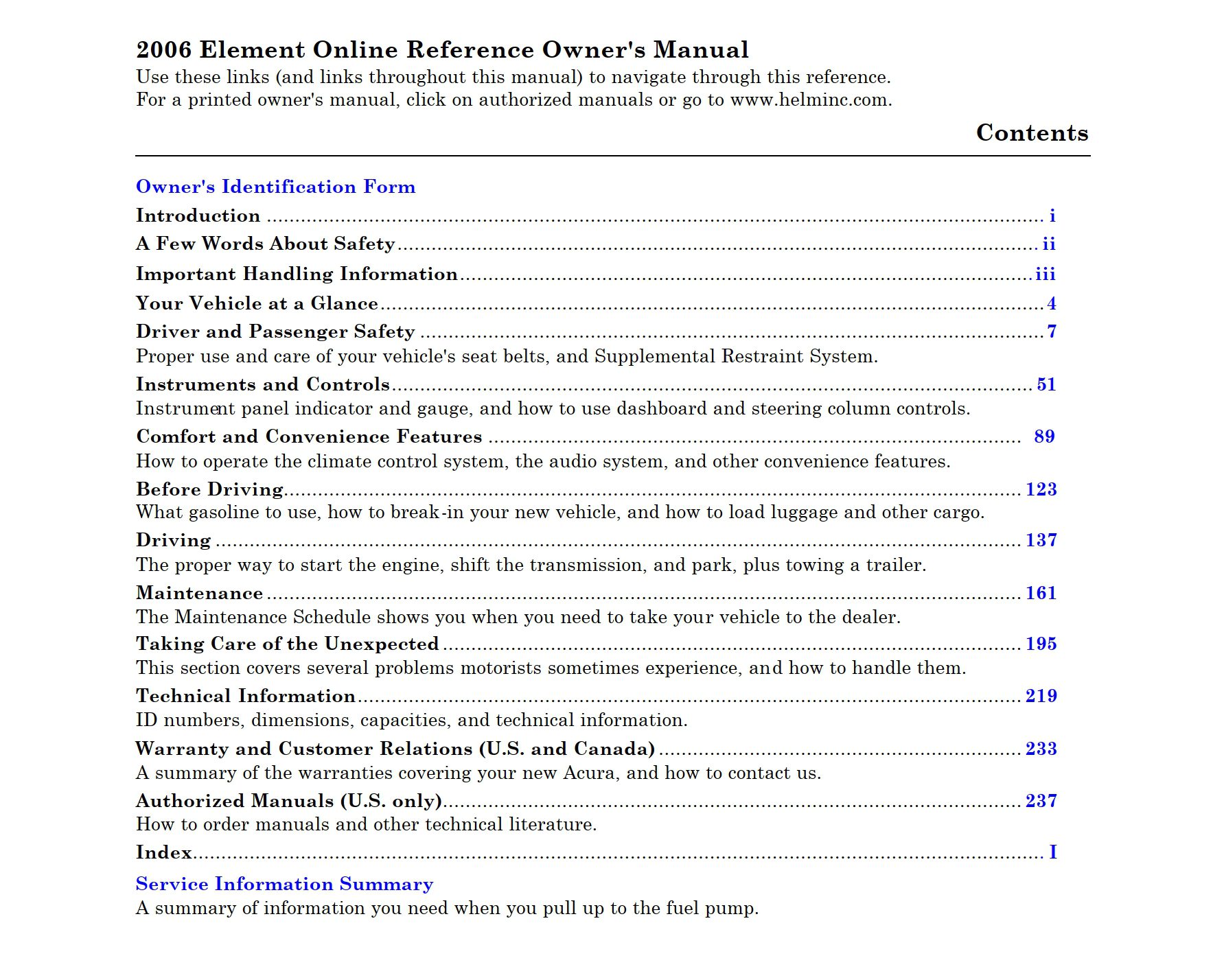 2006 honda element owner's manual