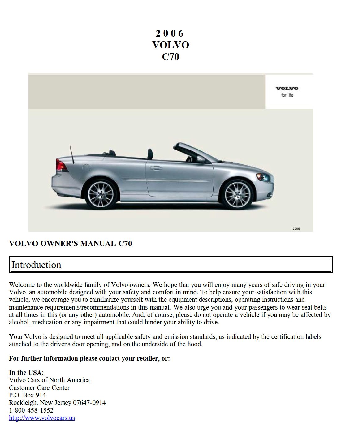 2006 volvo c70 owner's manual