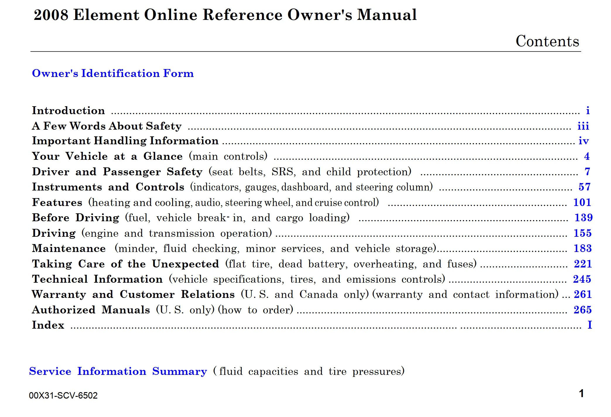 2008 honda element owner's manual