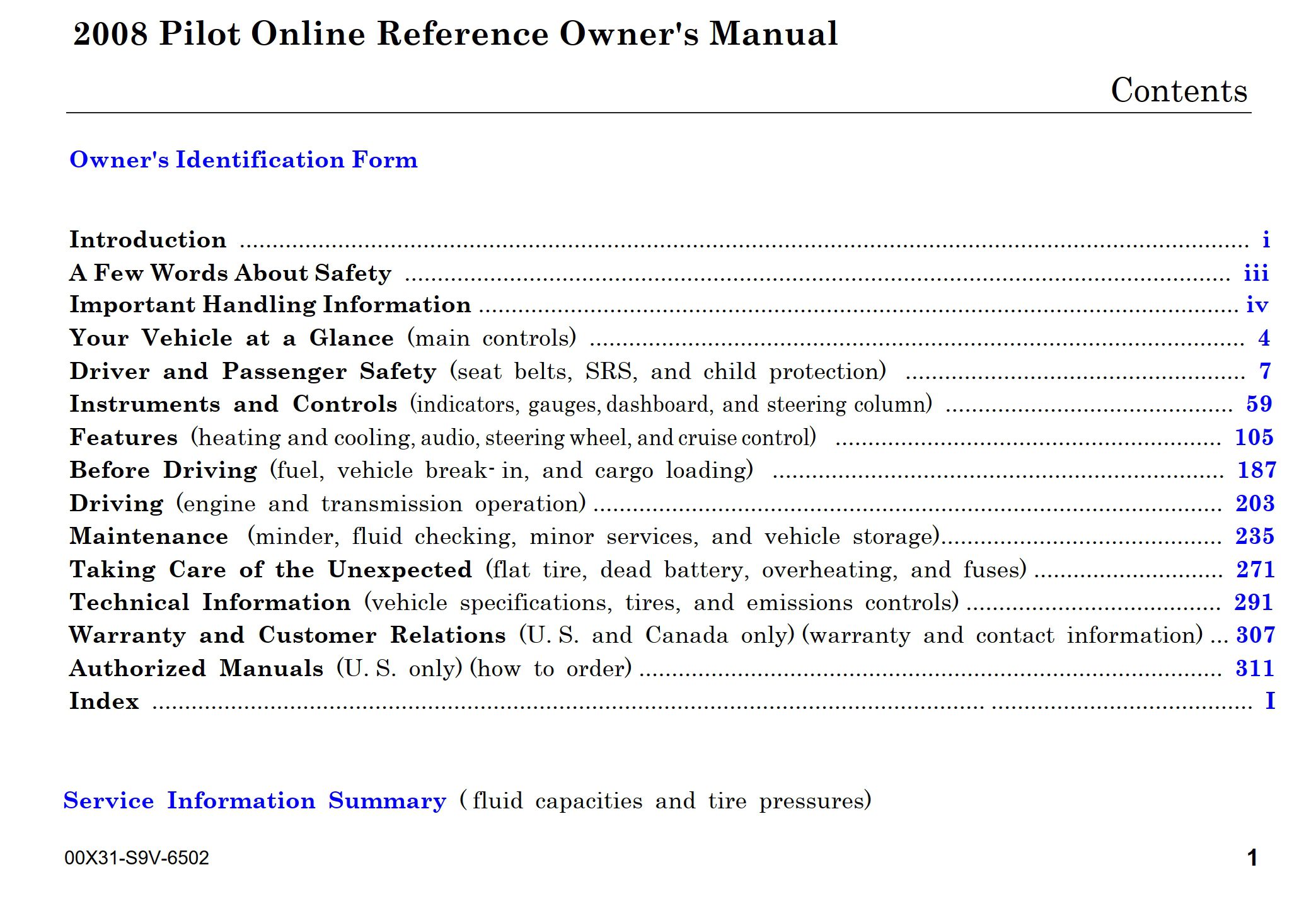 2008 honda pilot owner's manual