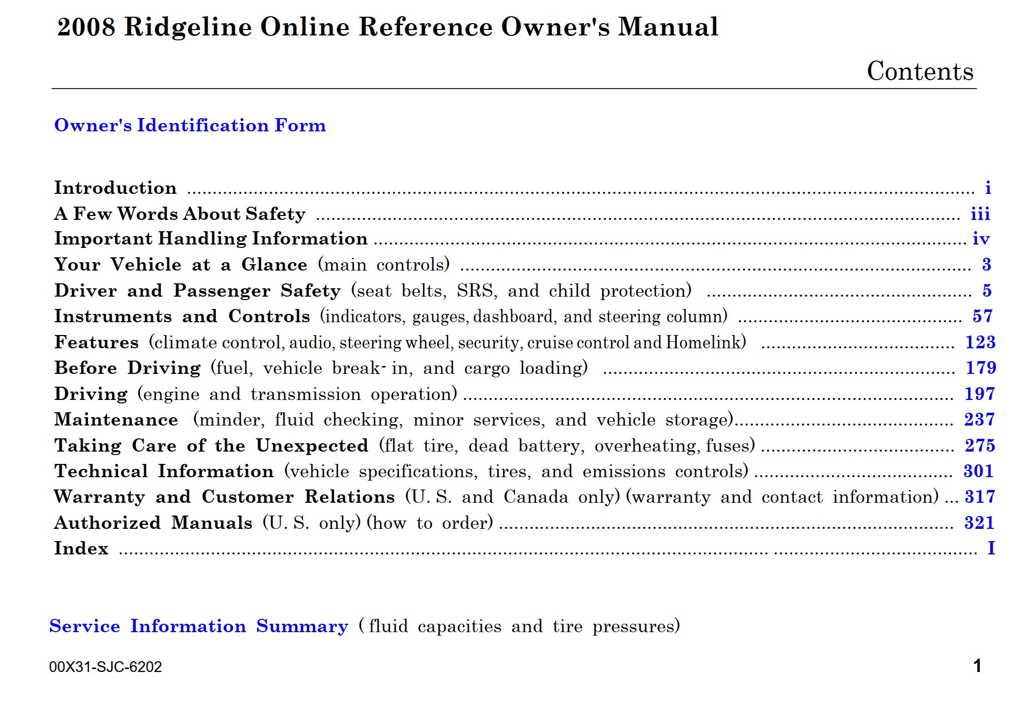 2008 honda ridgeline owner's manual