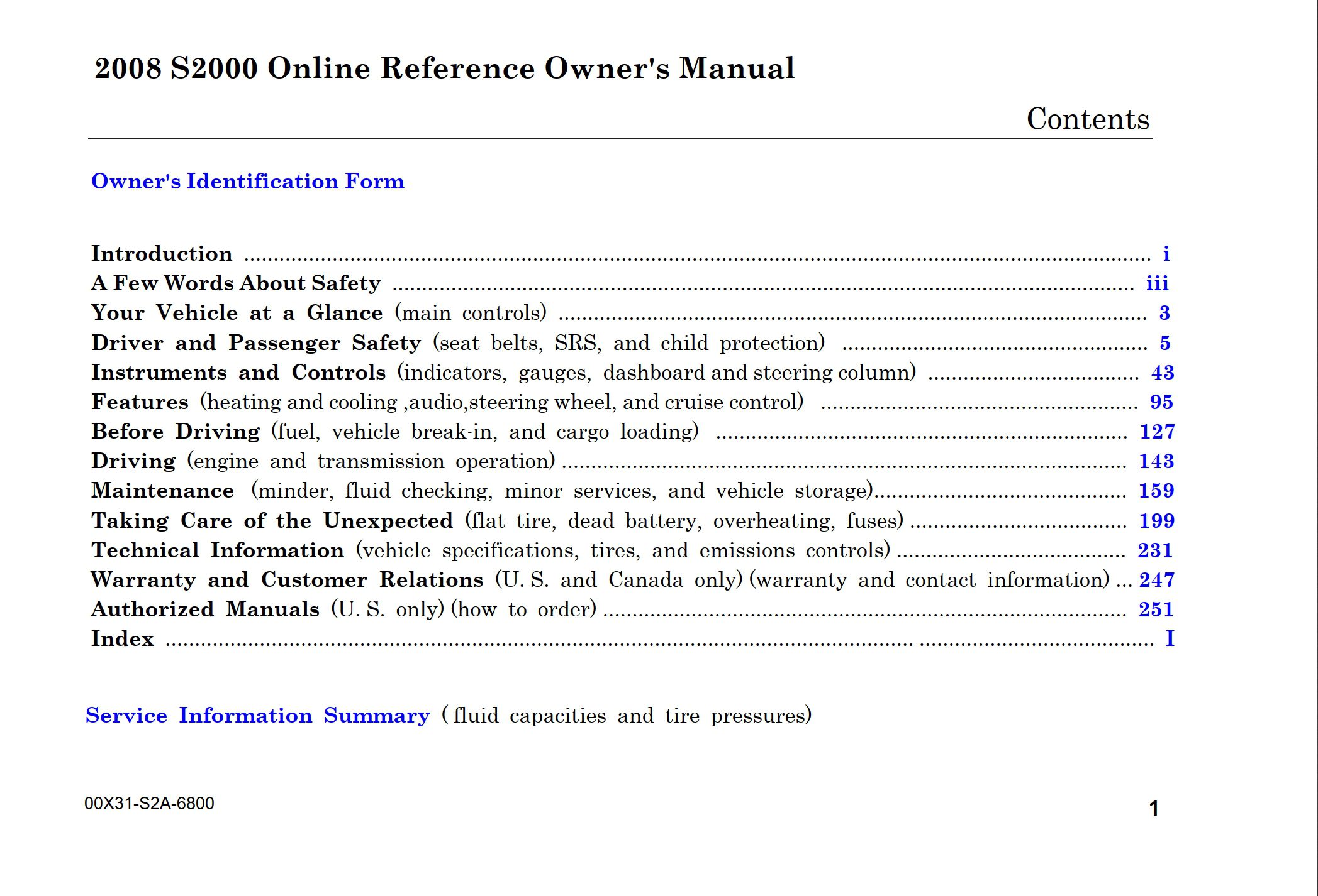 2008 honda s2000 owner's manual