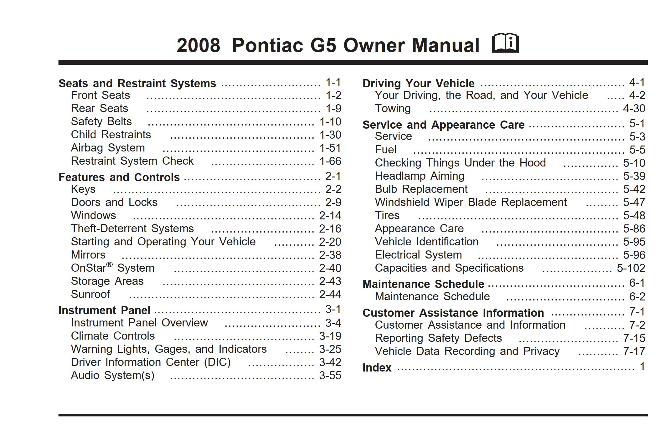 2008 pontiac g5 owner's manual