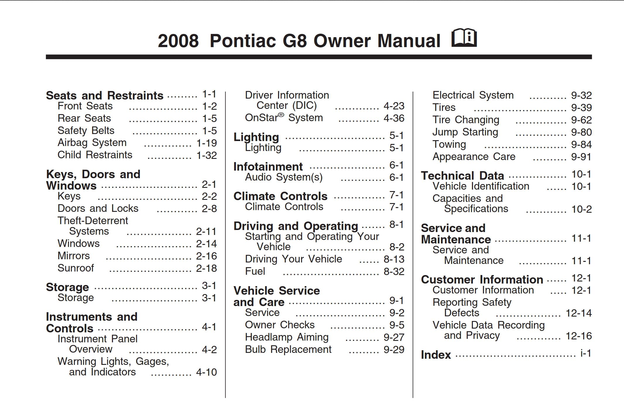 2008 pontiac g8 owner's manual