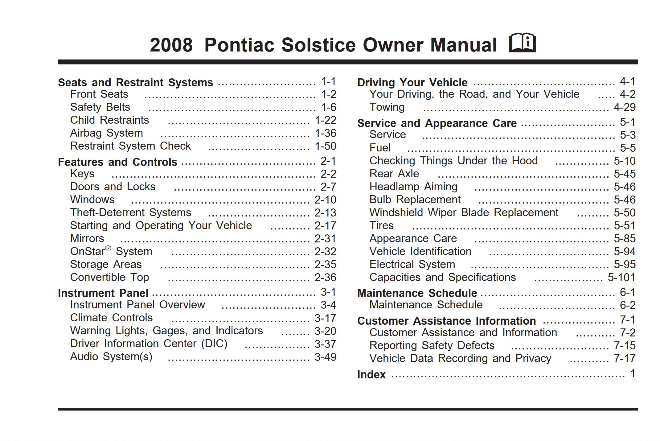 2008 pontiac solstice owner's manual