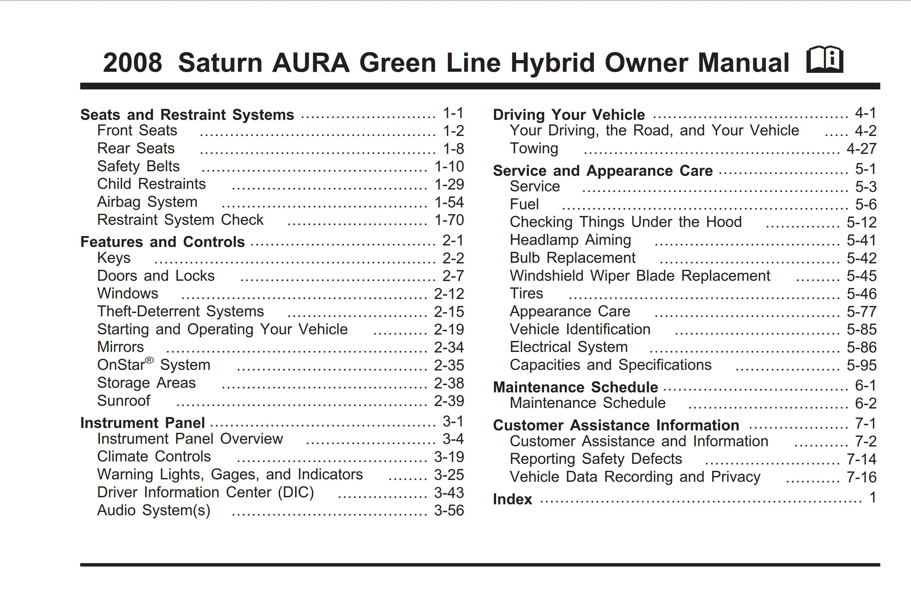 2008 saturn aura hybrid owner's manual