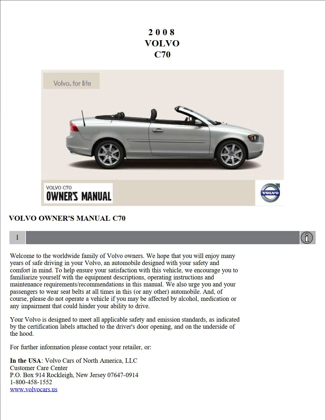 2008 volvo c70 owner's manual