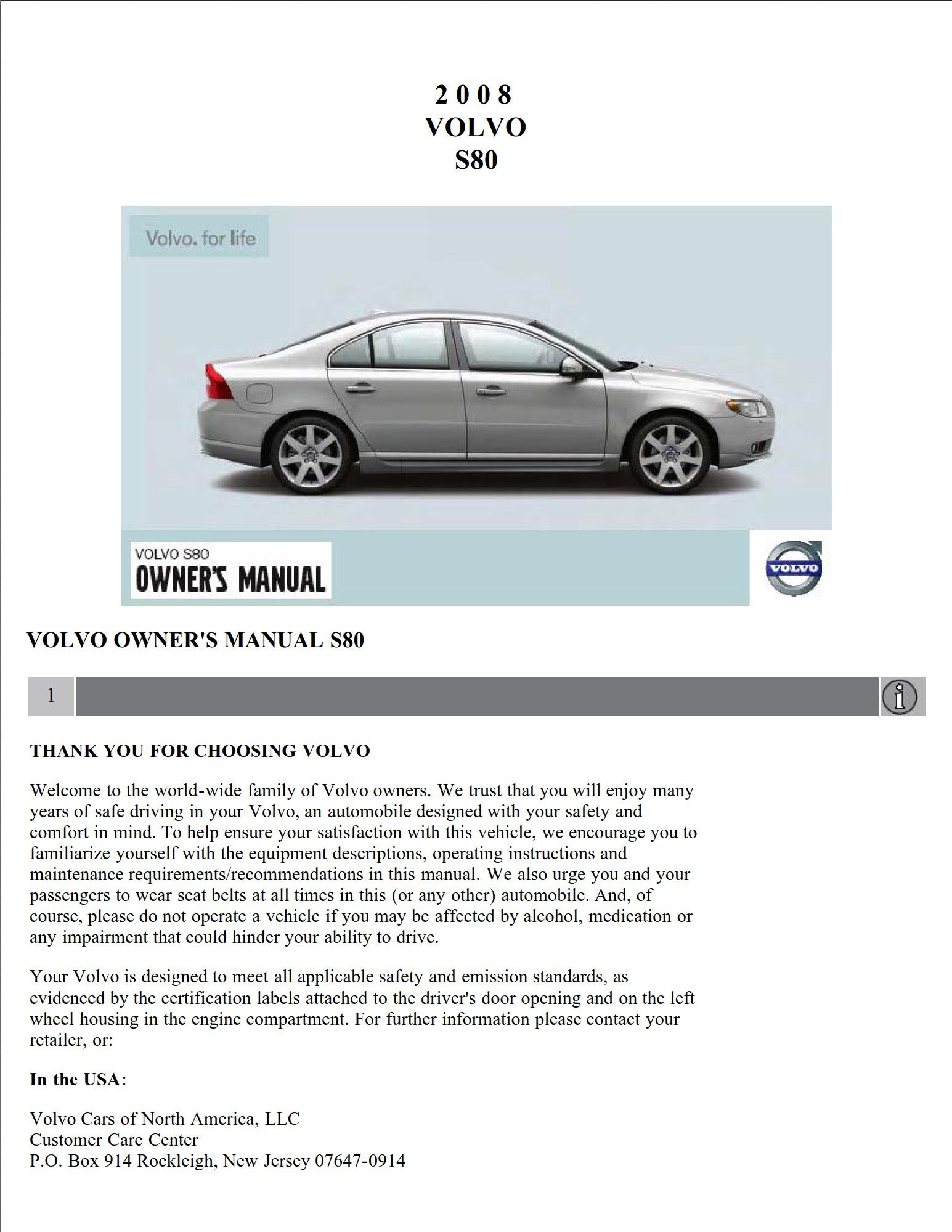 2008 volvo s80 owner's manual