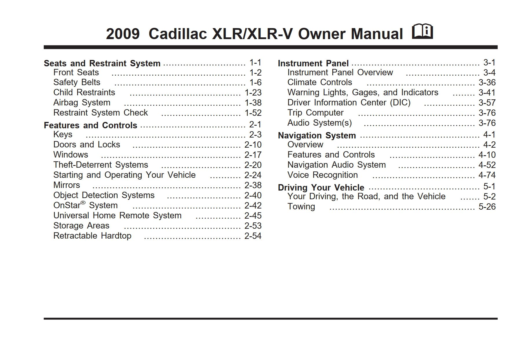 2009 cadillac xlr owner's manual