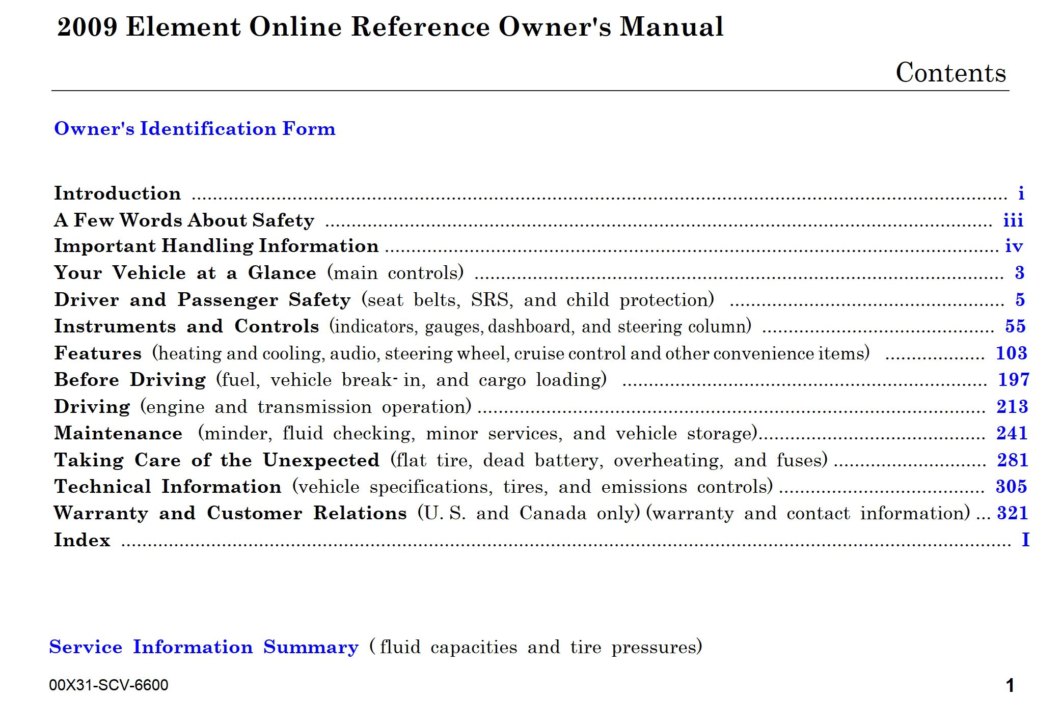 2009 honda element owner's manual