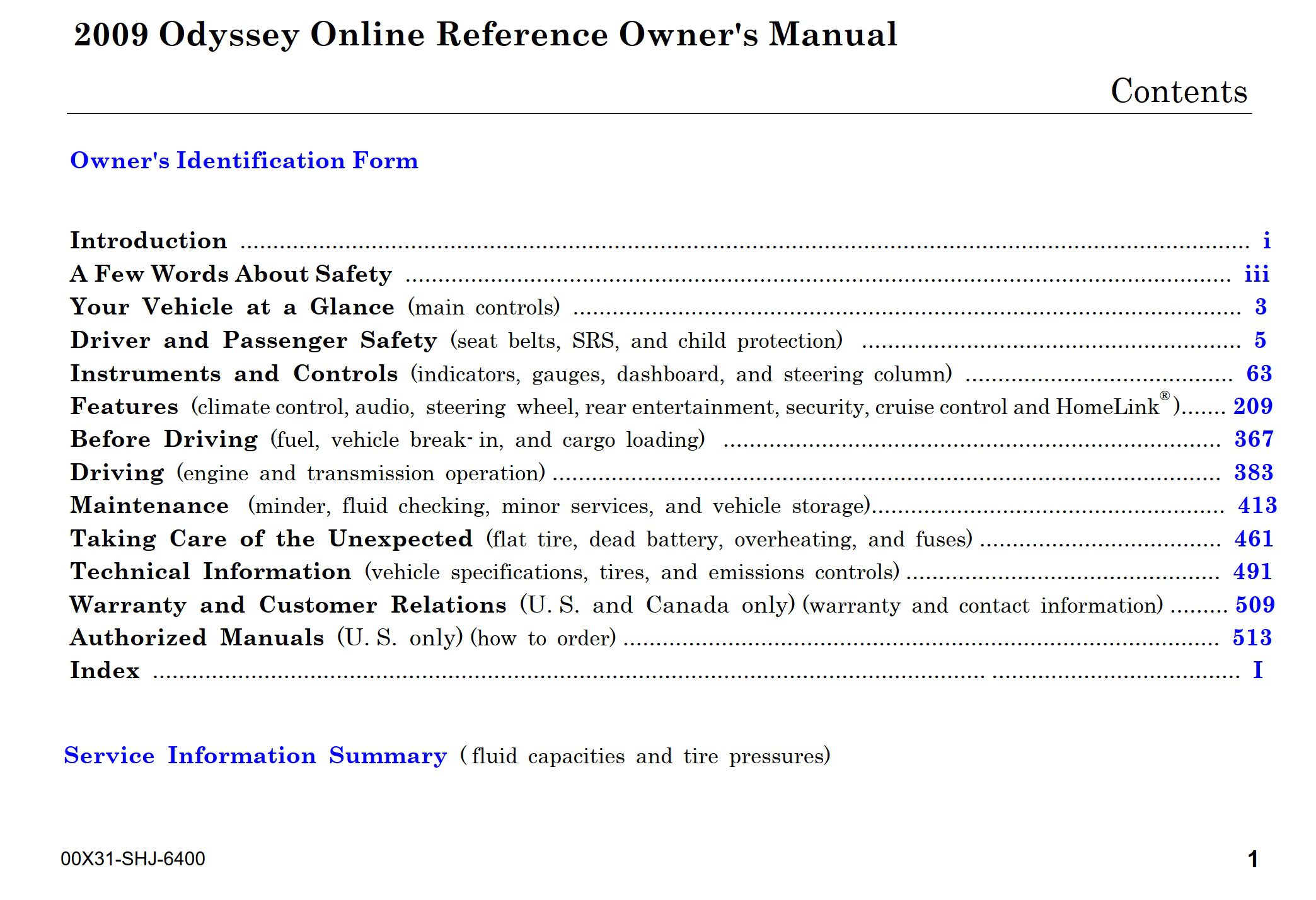 2009 honda odyssey owner's manual