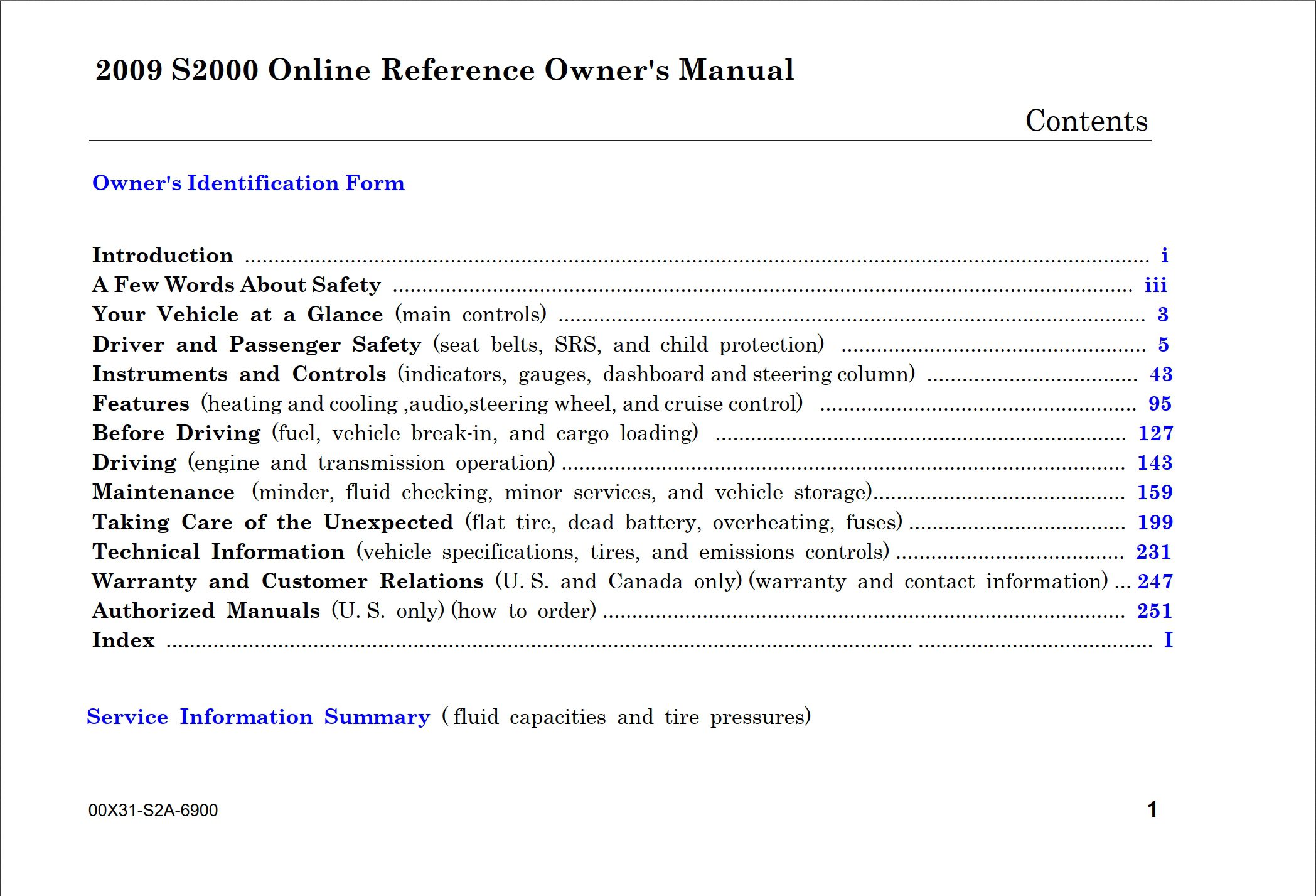 2009 honda s2000 owner's manual