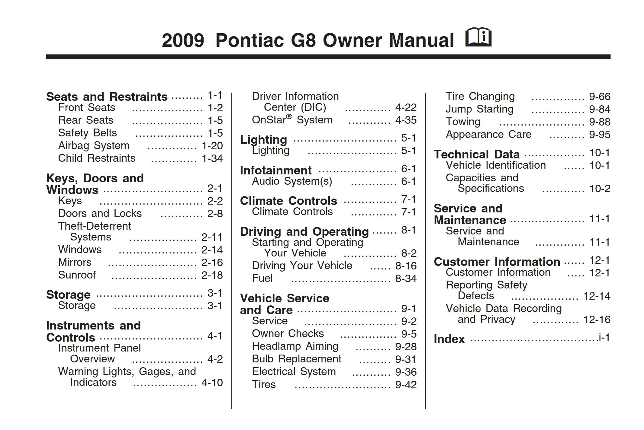 2009 pontiac g8 owner's manual