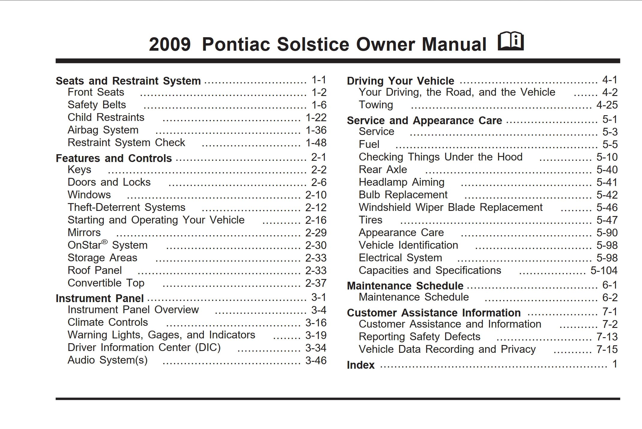 2009 pontiac solstice owner's manual