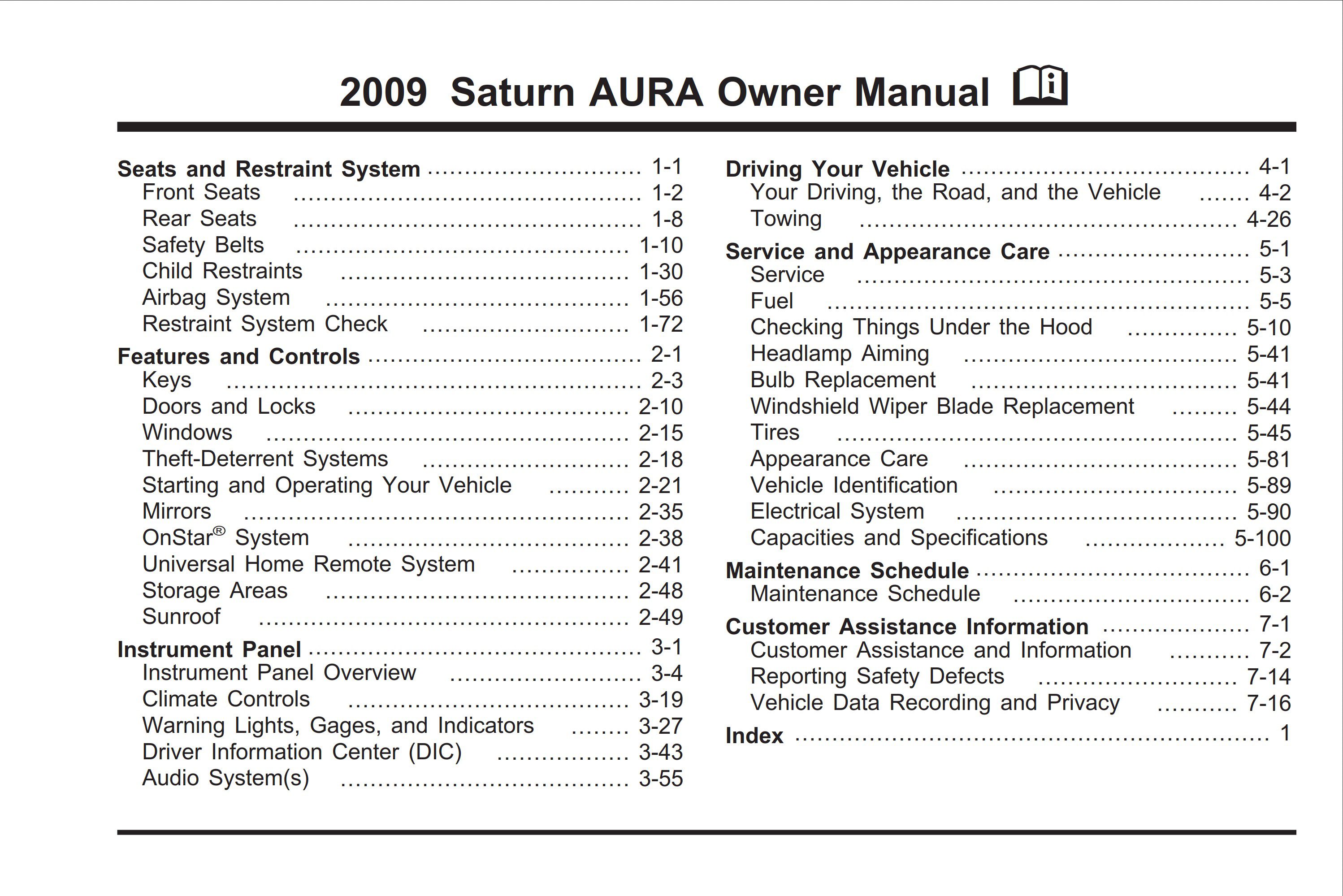 2009 saturn aura owner's manual