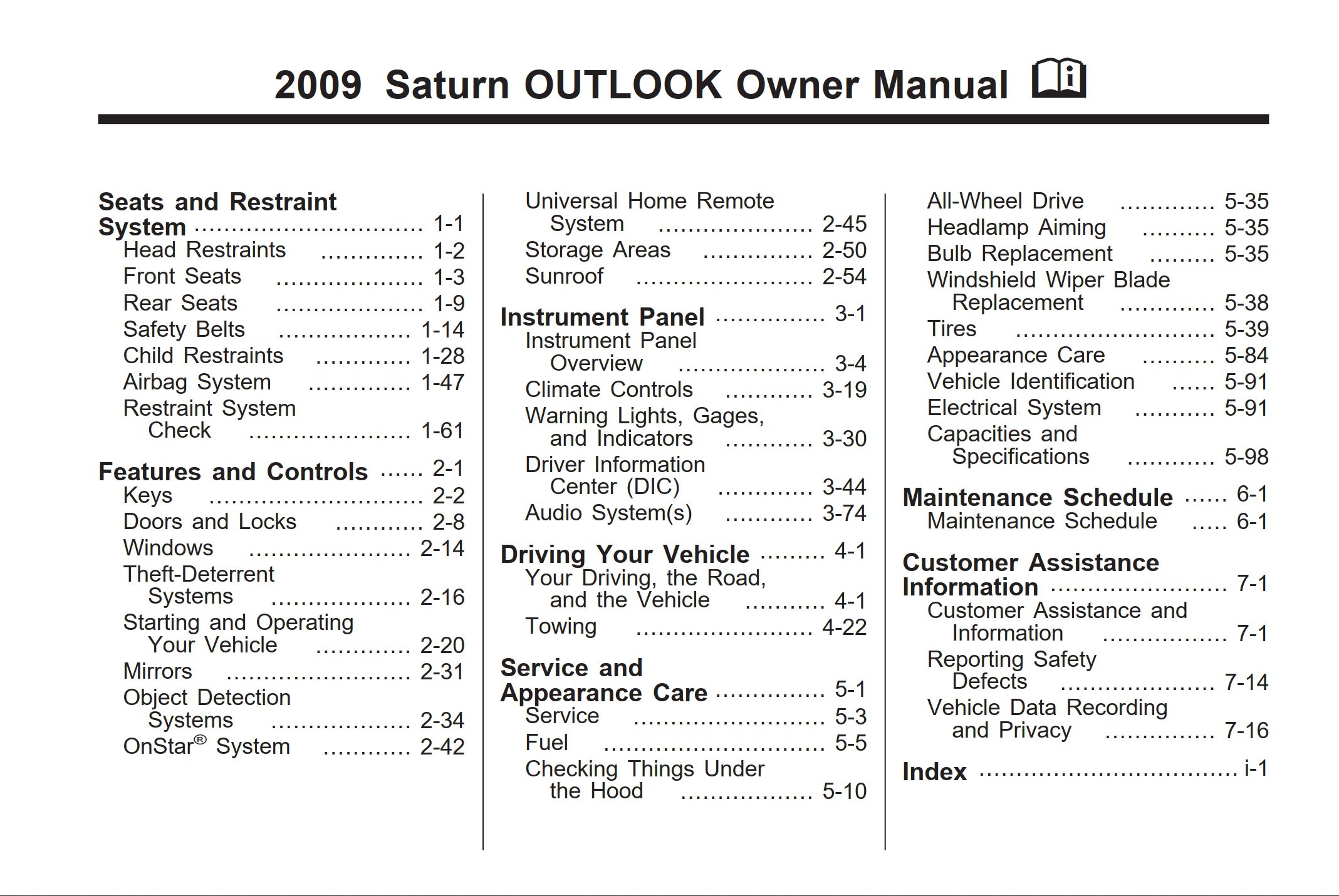 2009 saturn outlook owner's manual