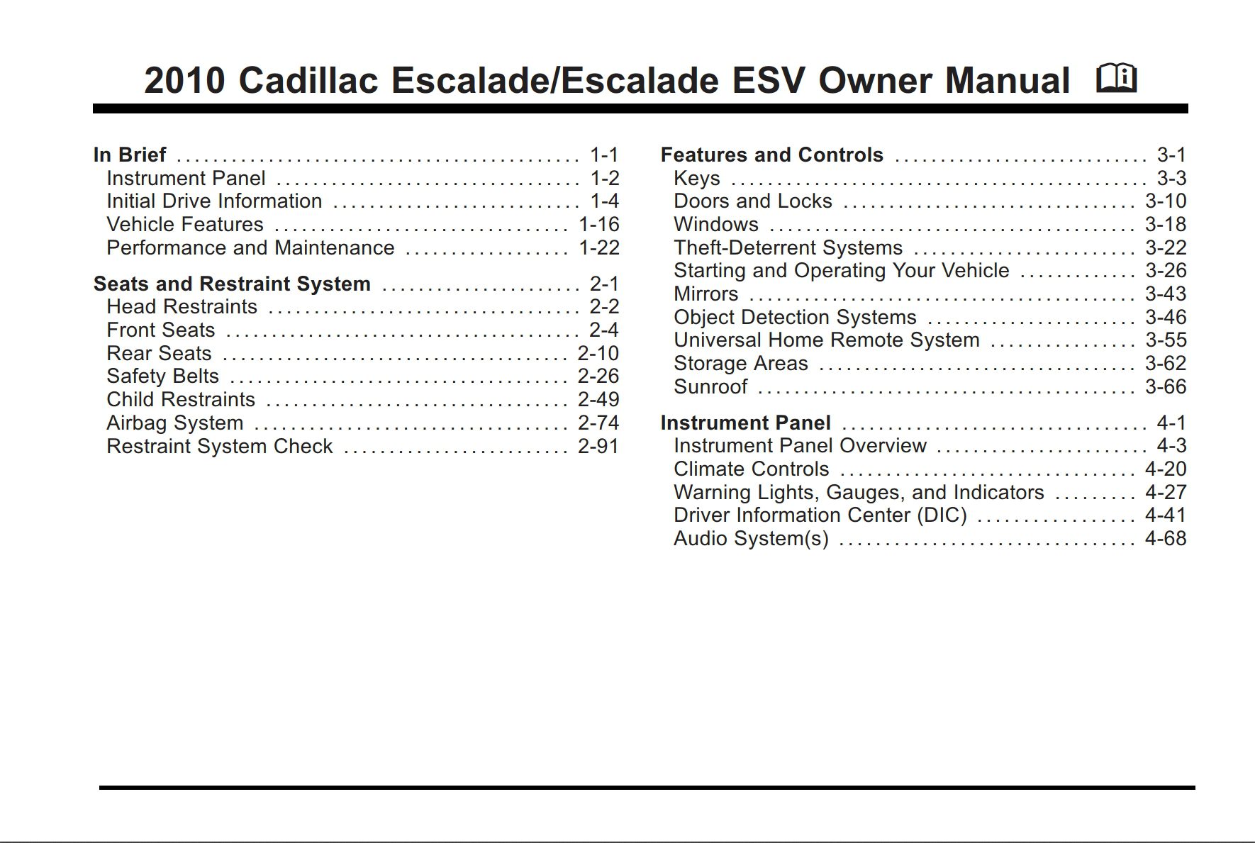 2010 cadillac escalade escalade esv owner manual