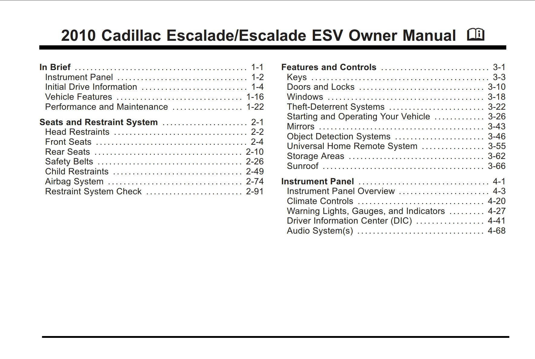 2010 cadillac escalade owner's manual