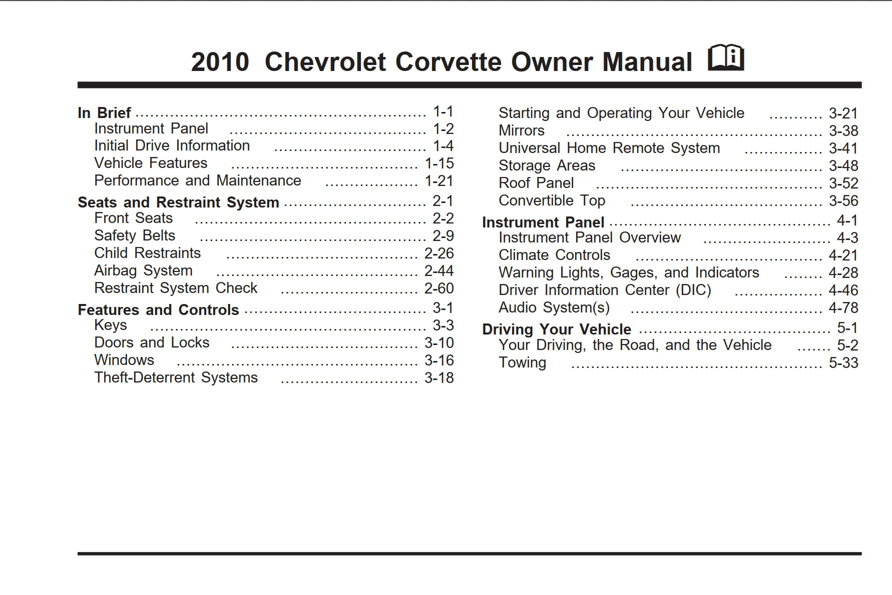 2010 chevrolet corvette owner's manual