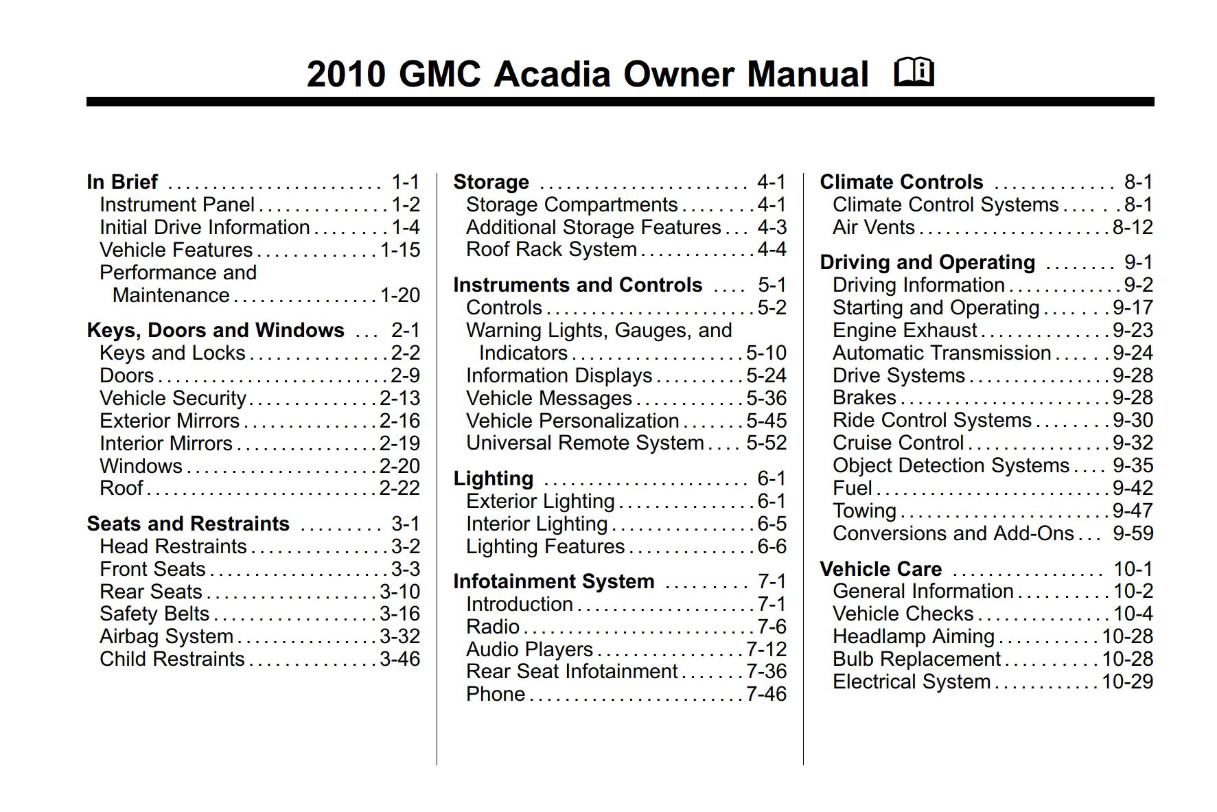 2010 gmc acadia owner manual